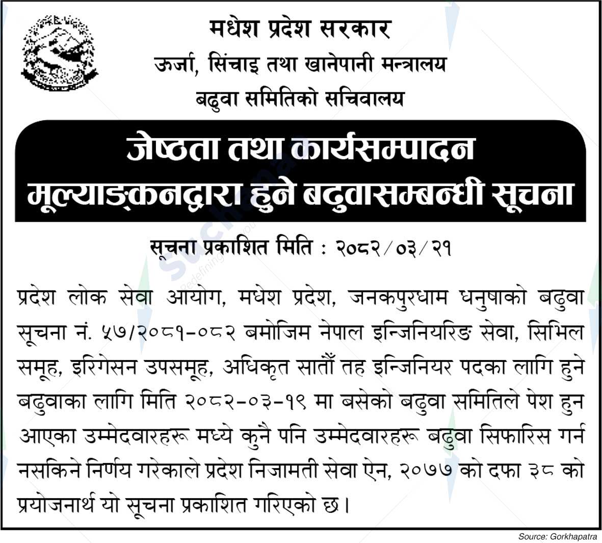 Ministry of Energy, Irrigation and Water Supply, Madhesh