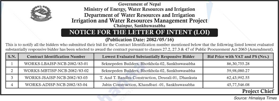 Irrigation Irrigation and Water Resources Management Project, Chainpur, Sankhuwasabha