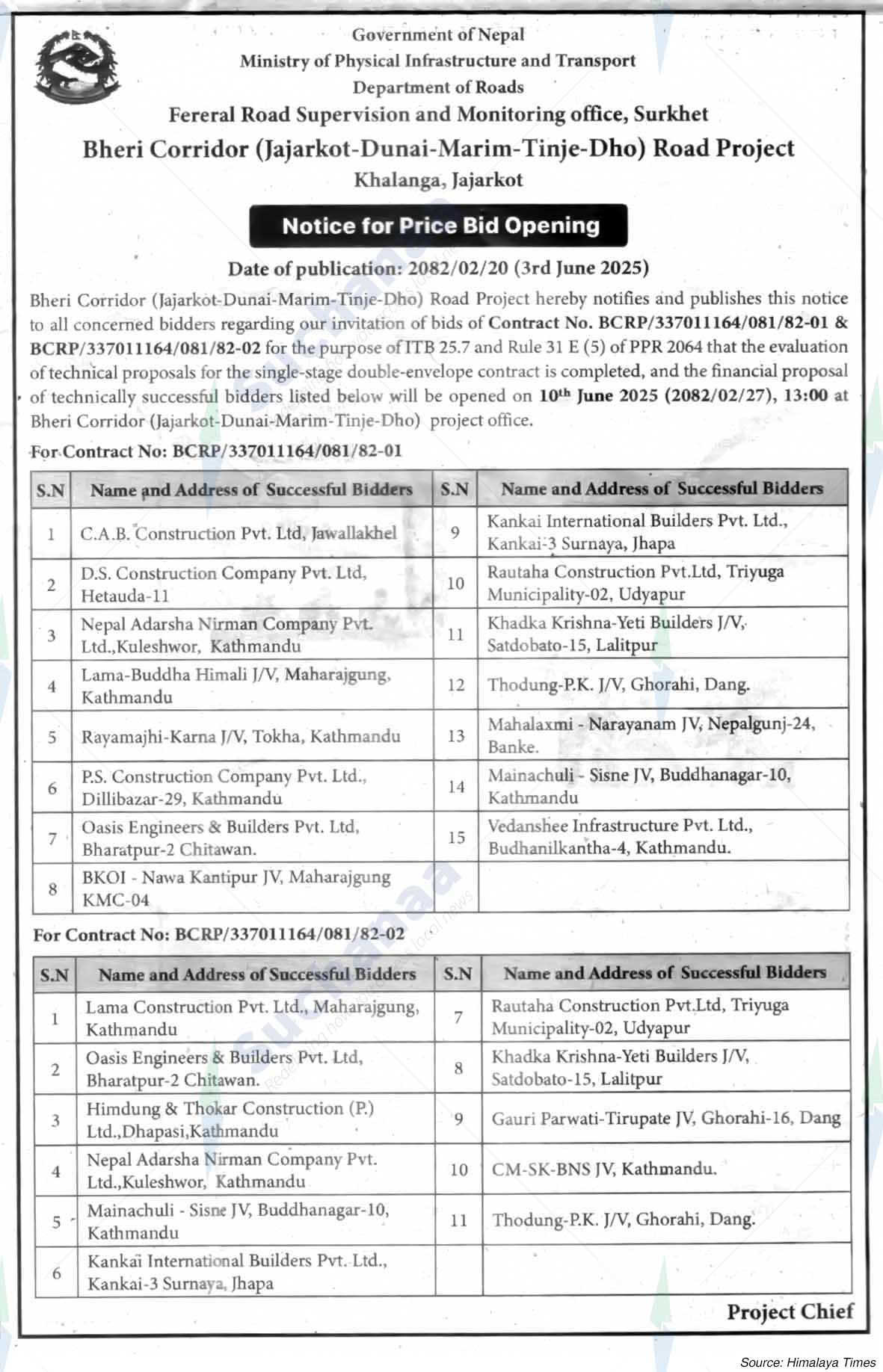 Bheri Corridor (Jajarkot-Dunai-Marim-Tinje-Dho) Road Project, Khalanga, Jajarkot