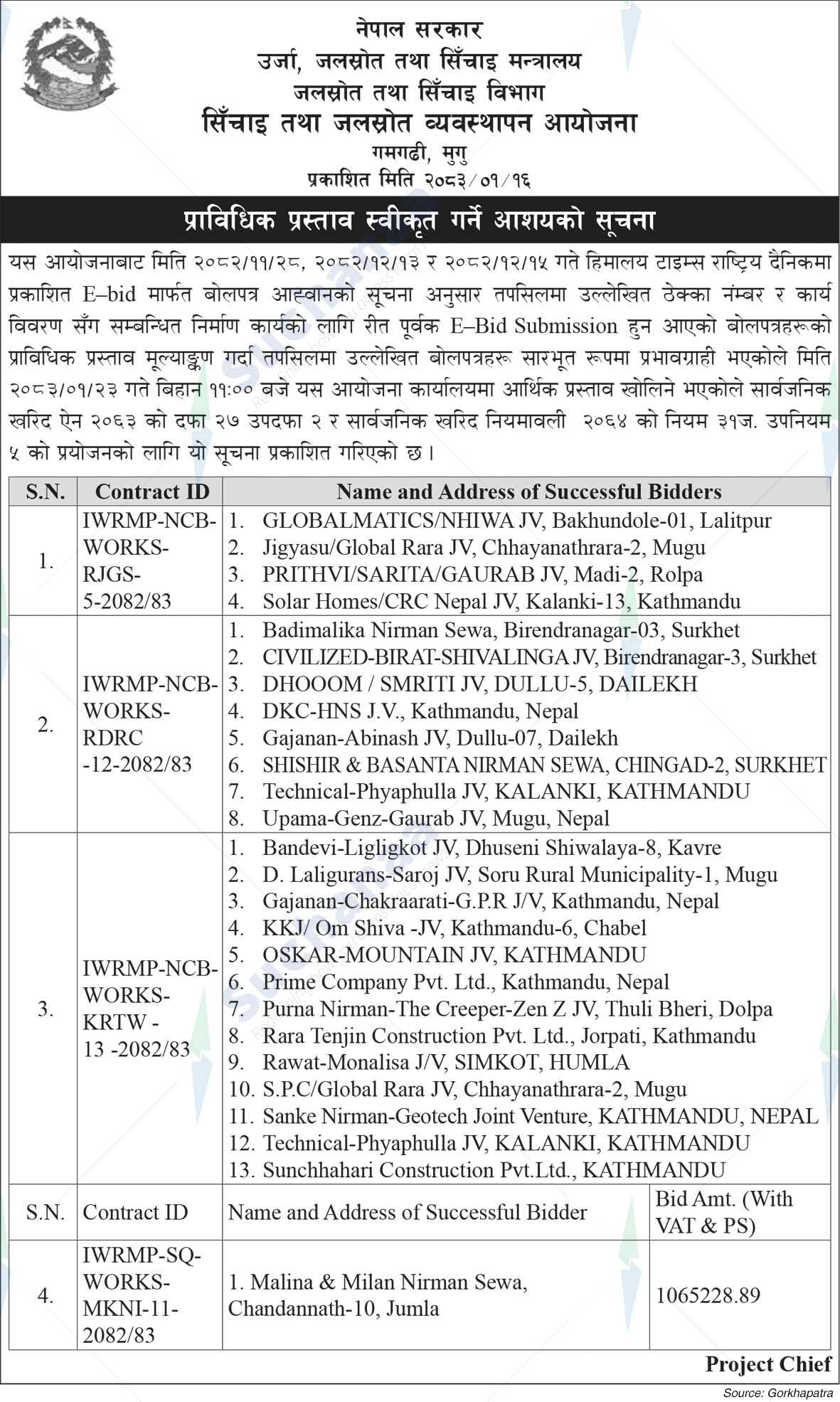 Irrigation and Water Resource management Project, Mugu