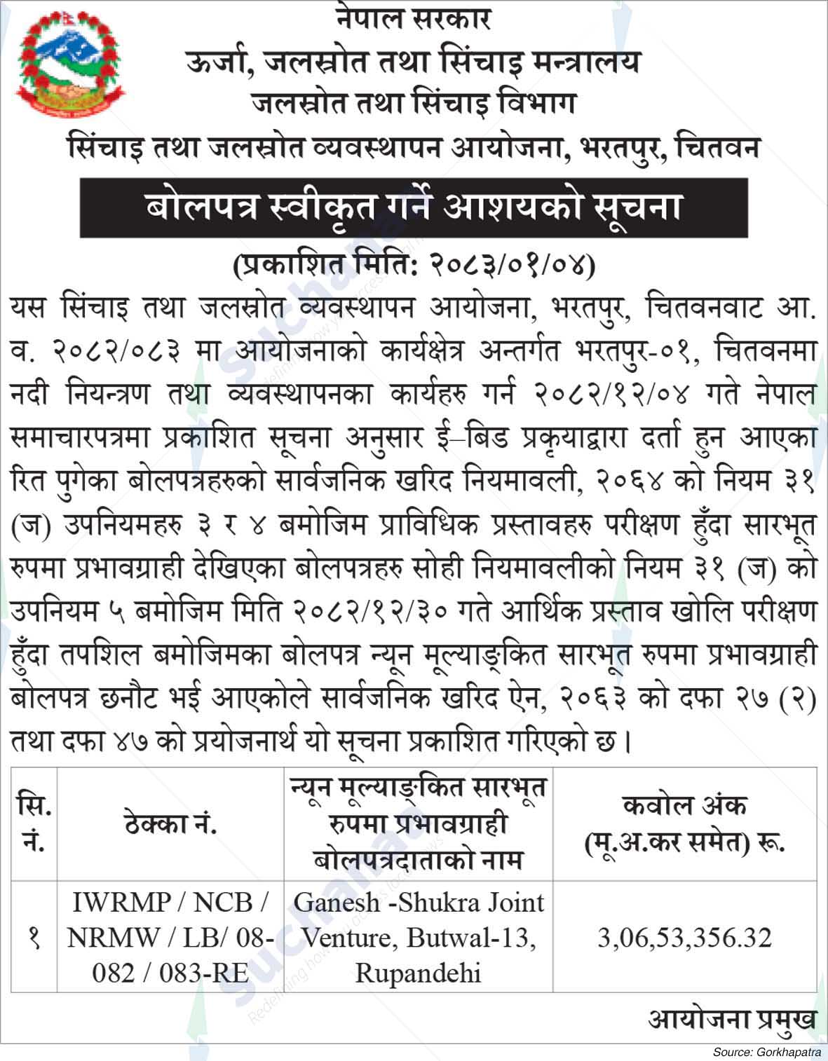 Irrigation and Water Resources Management Project, Bharatpur, chitwan