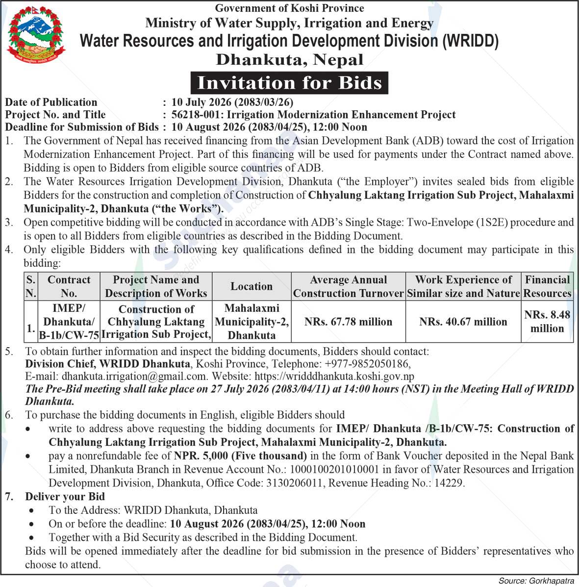 Water Resources and Irrigation Development Division (WRIDD), Dhankuta