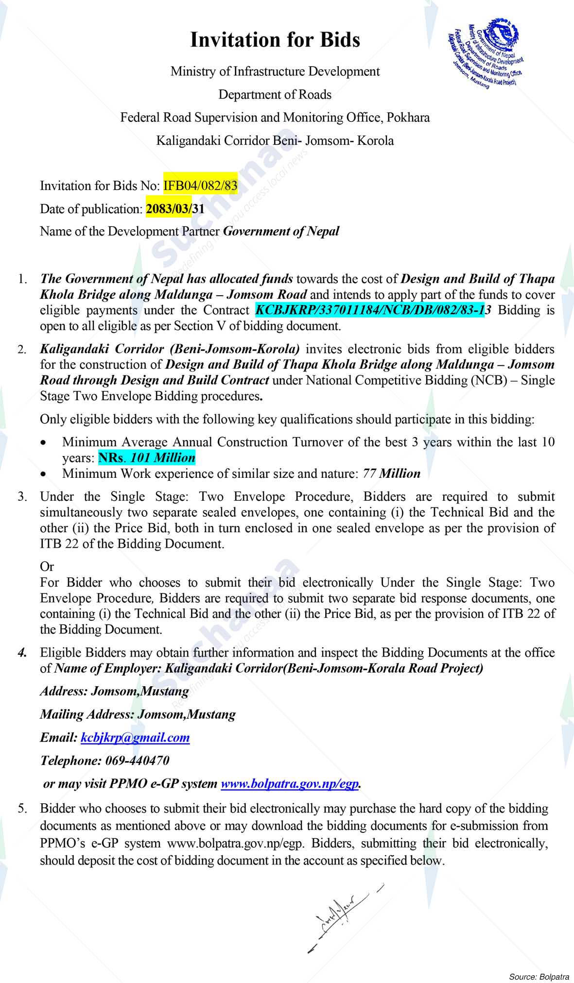 kaligandaki Corridor (Beni-Jomsom-Korola ) Road Project