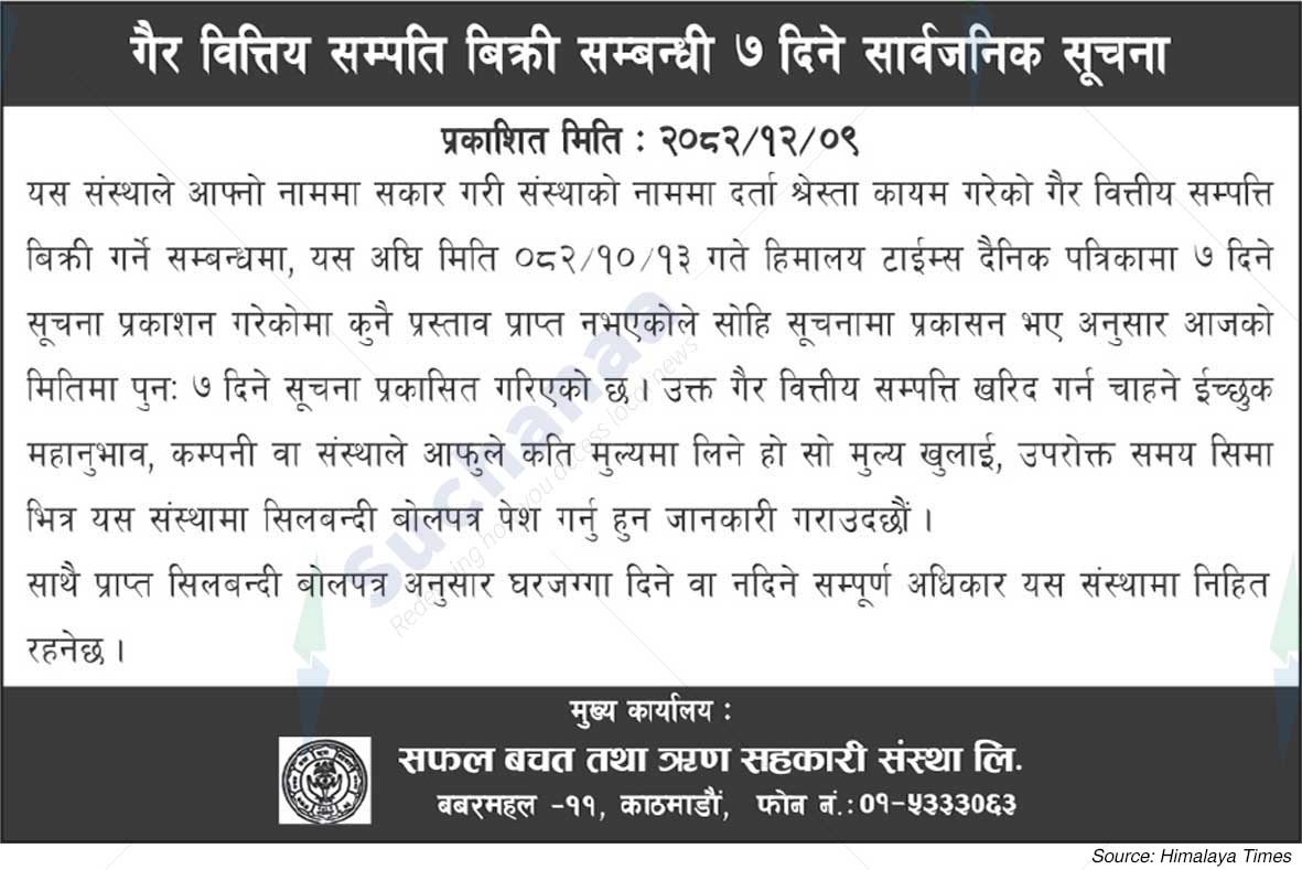 Safal Bachhat Tatha Rin Sahakari Sanstha Ltd., Babarmahal, Kathmandu