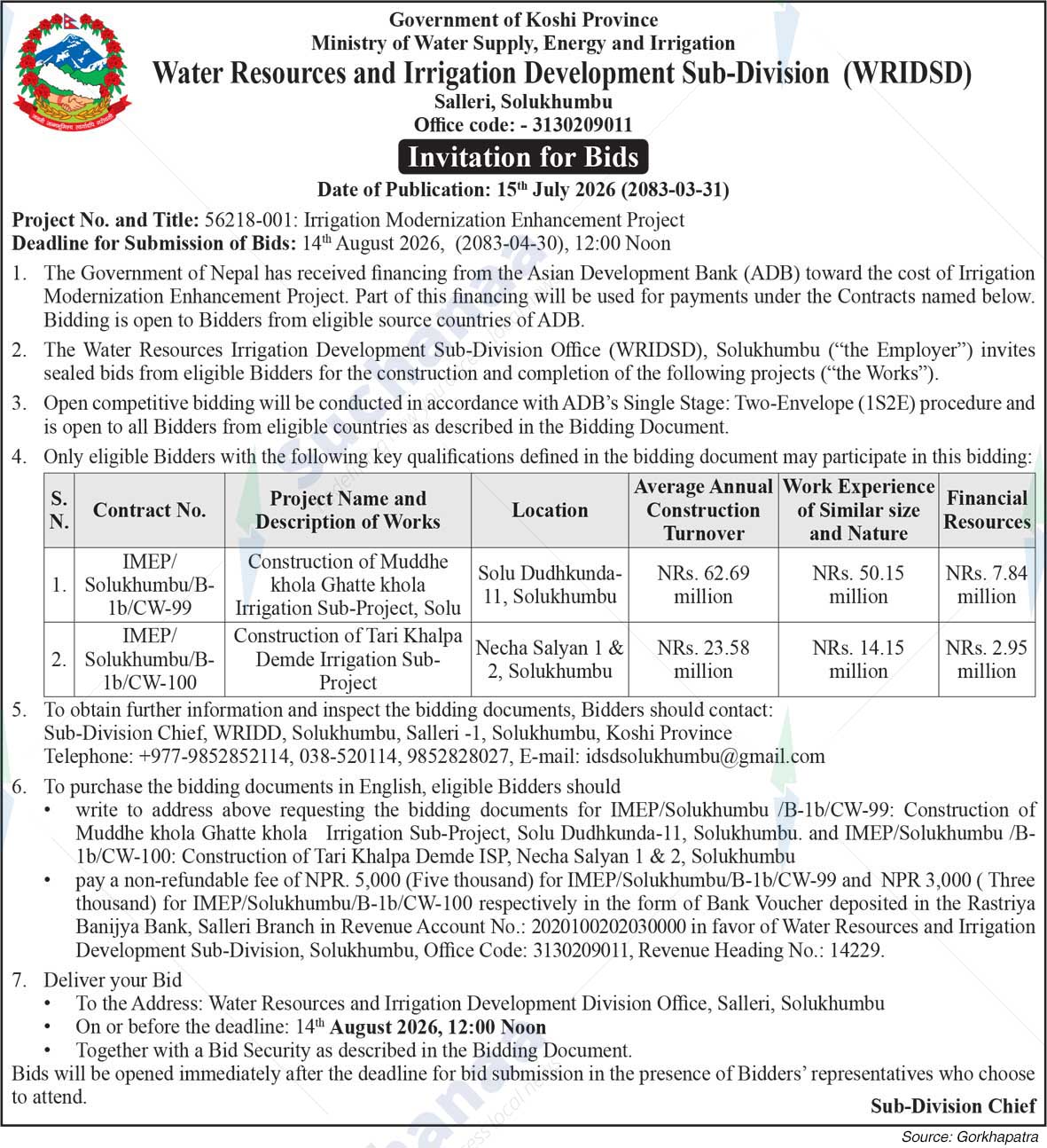 Water Resources and Irrigation Development Sub-Division (WRIDSD), Solukhumbu