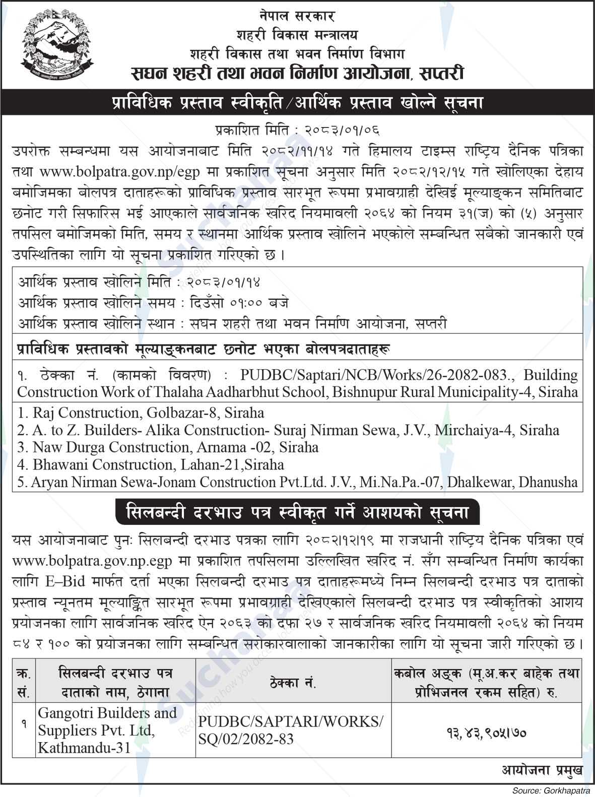 Project Office of Urban Development and Building Construction, Saptari