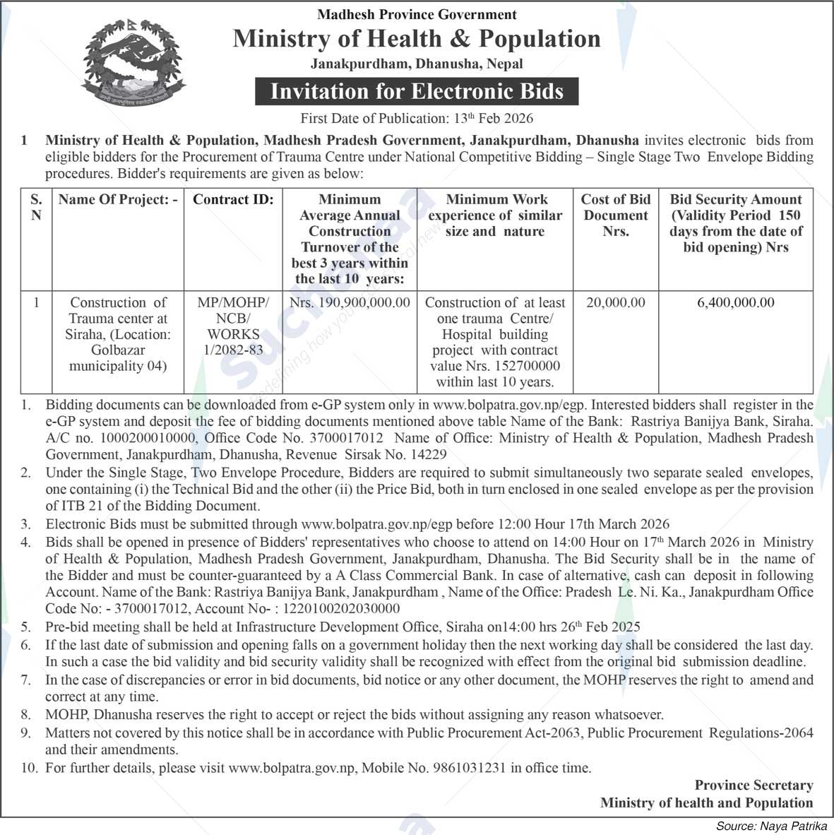 Ministry of Health and Population, Madhesh
