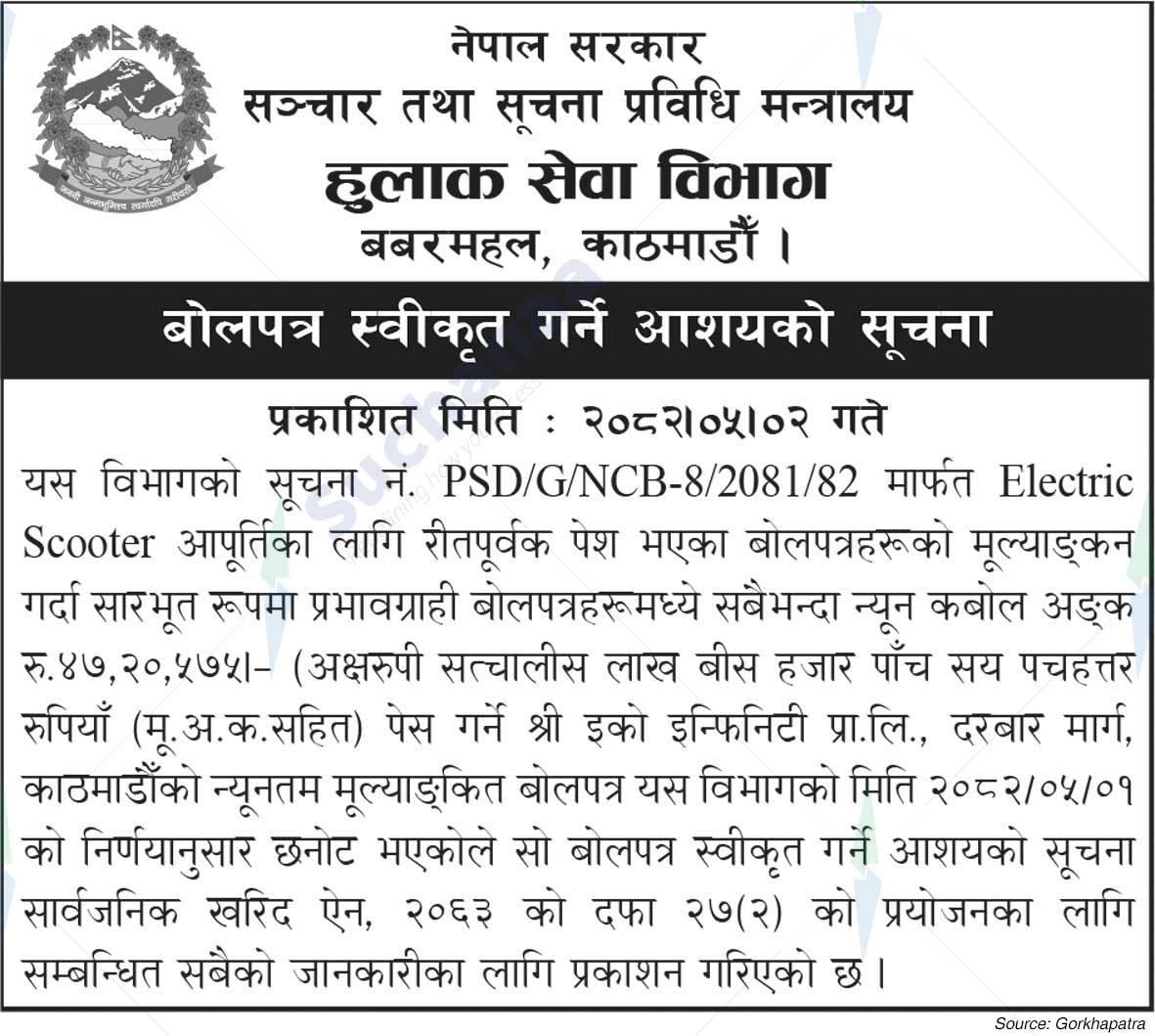 Postal Service Department, Babarmahal, Kathmandu.