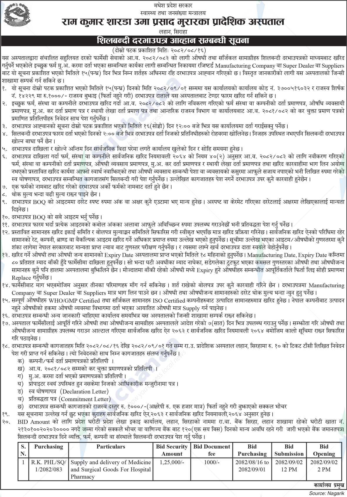 Ram Kumar Sharda Uma Prasad Murarka Provincial Hospital, lahan