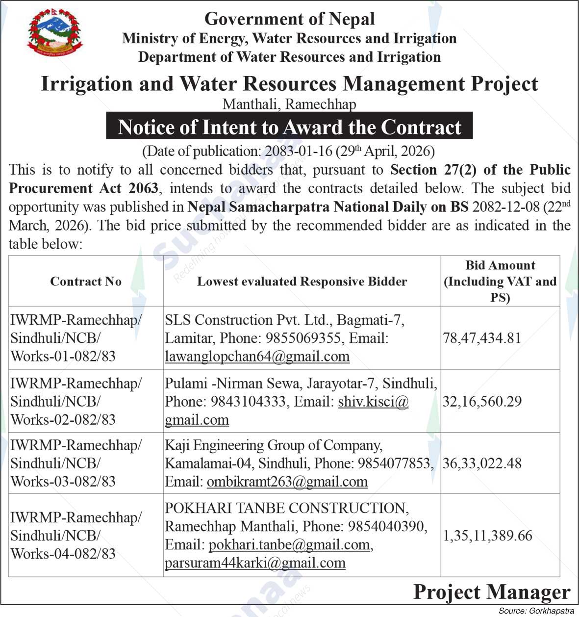 Irrigation and Water Resources Management Project, Ramechhap