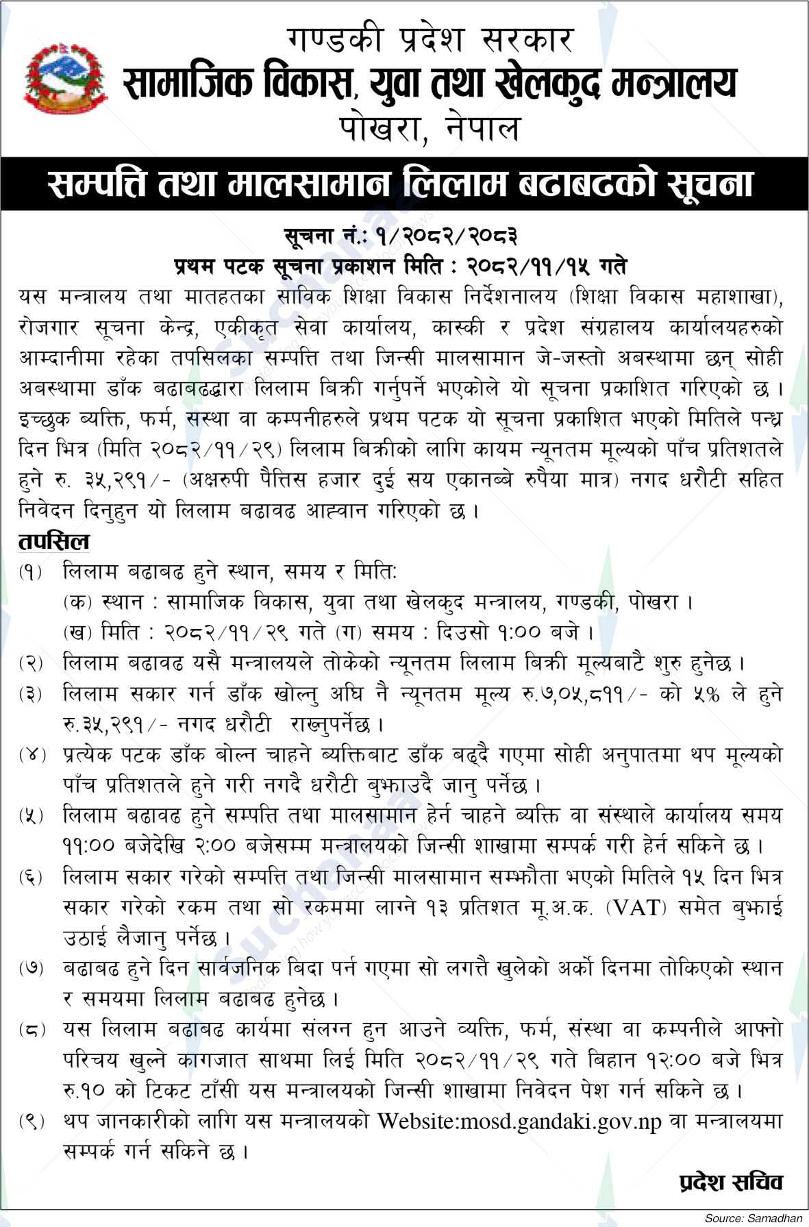 Ministry of Social Development, Youth and Sports, Gandaki