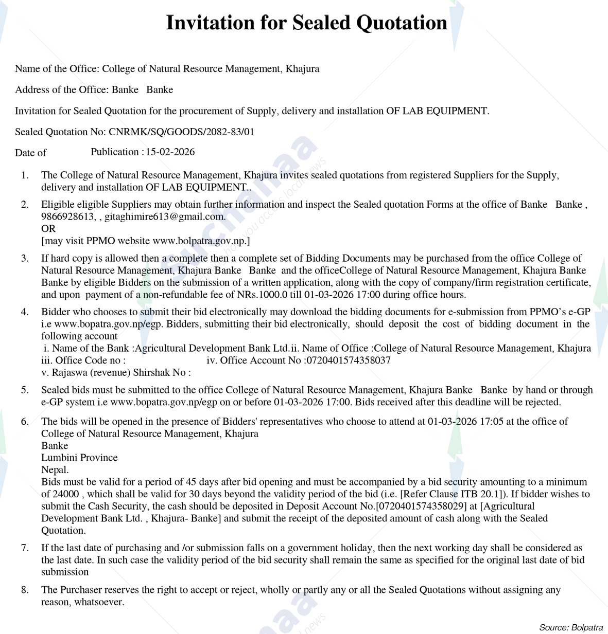 College of Natural Resource Management, Khajura