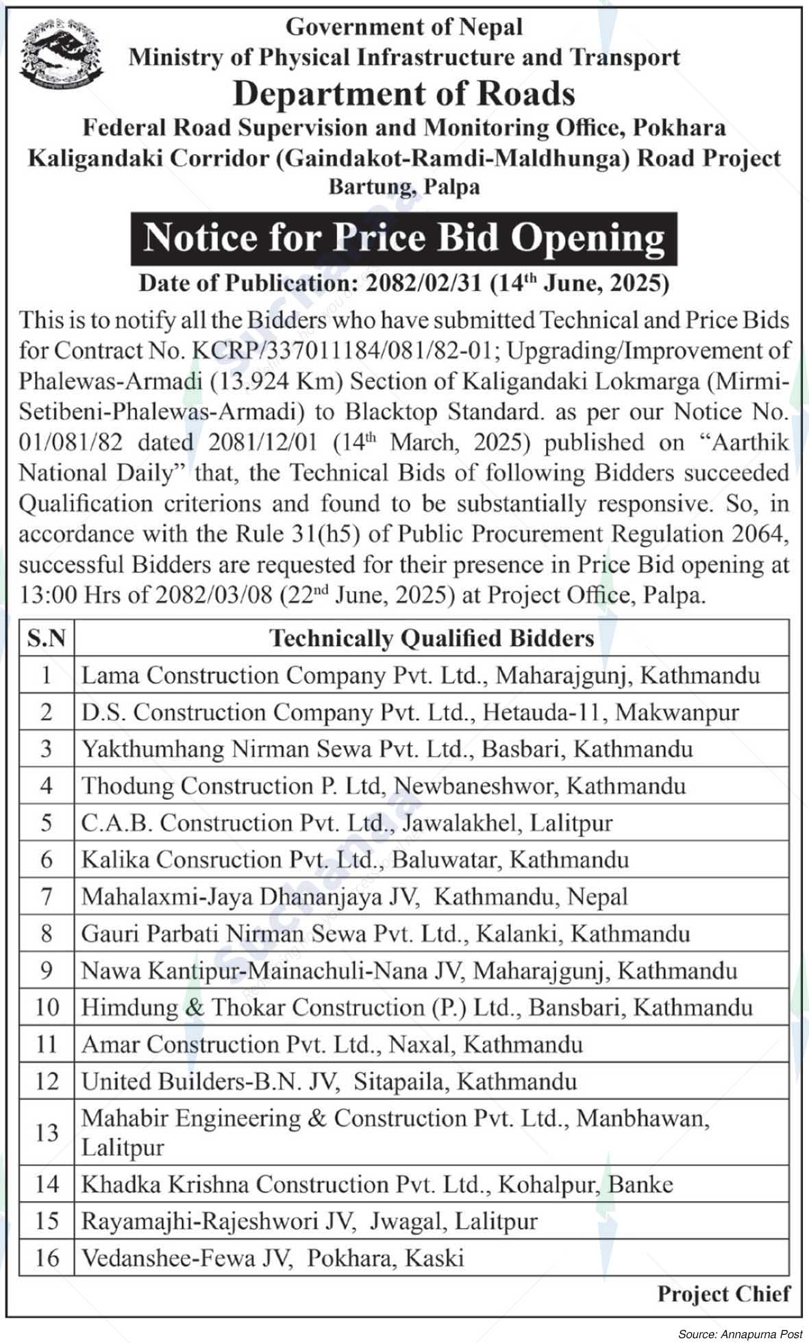 Kaligandaki Corridor (Gaindakot-Ramdi-Maldhunga) Road Project Bartung, Palpa