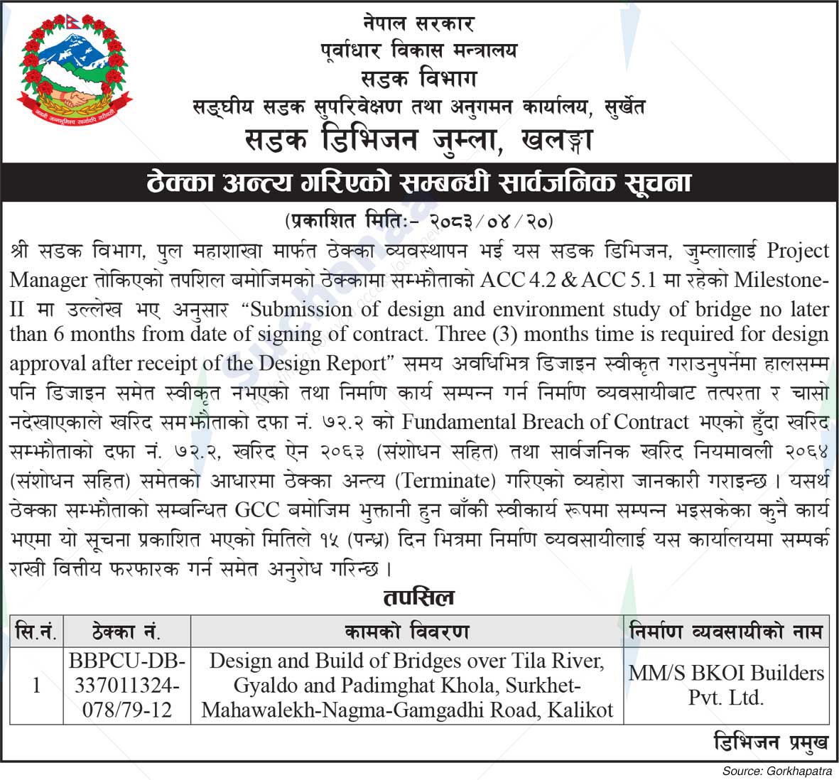 Road Division, Jumla