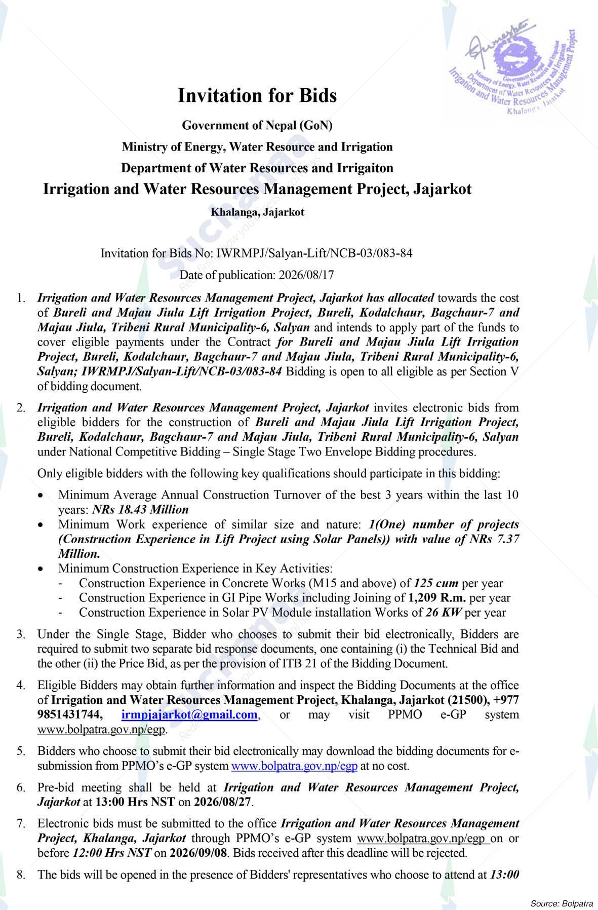 Irrigation and Water Resource Management Project, Jajarkot, Bheri