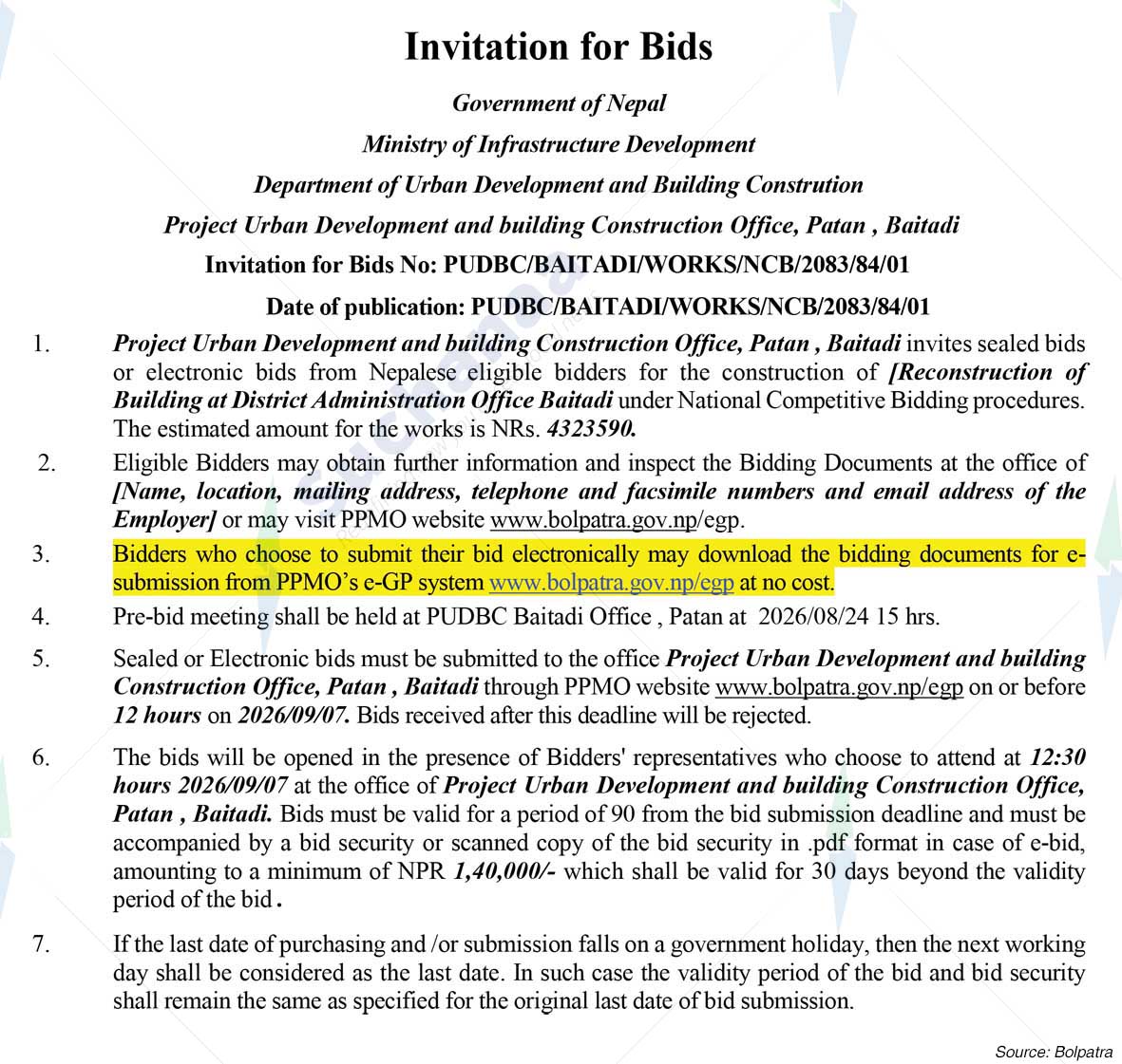 Project Office of Urban Development & Building Construction, Baitadi