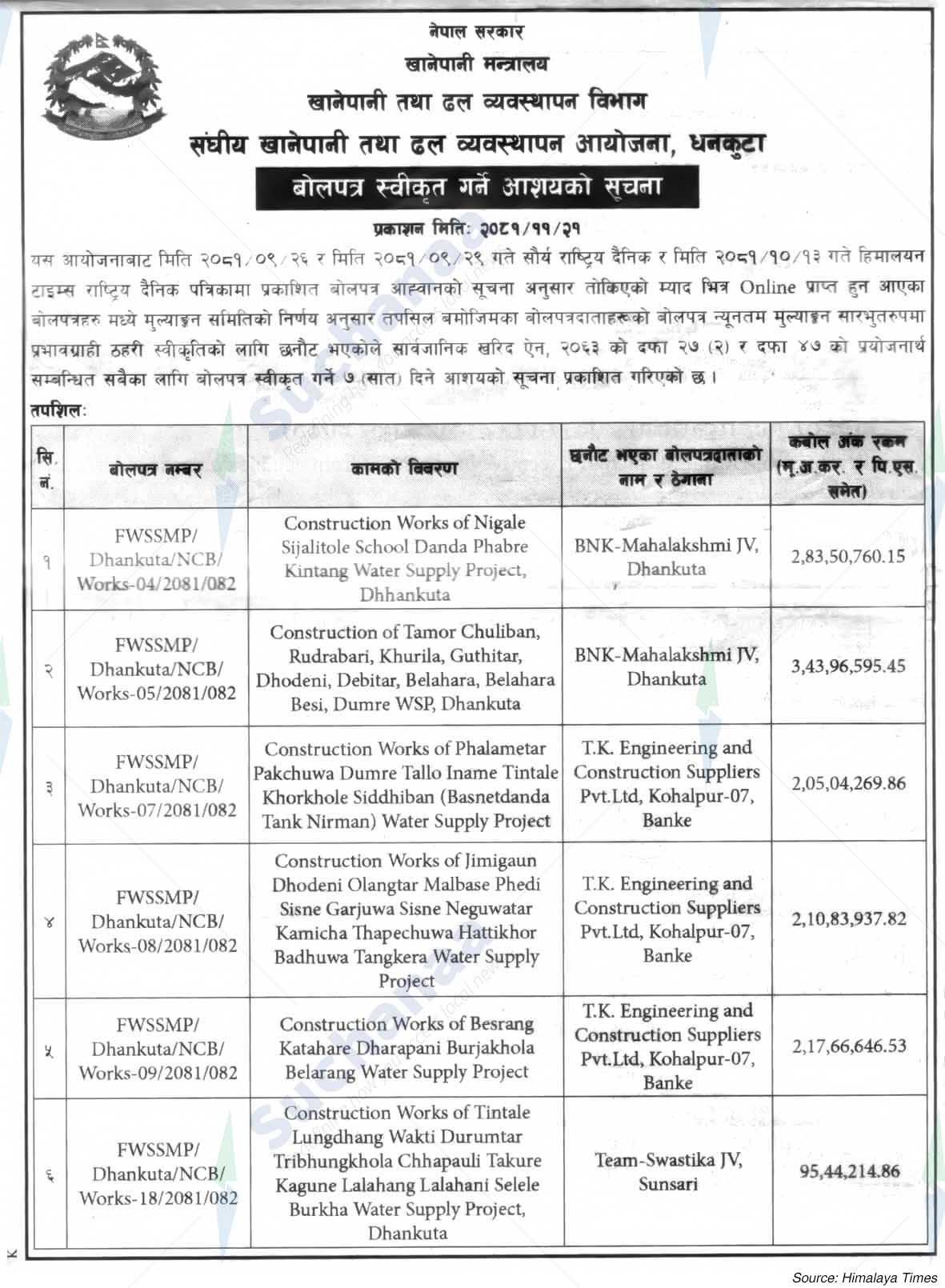 Federal Water Supply and Sewerage Management Project, Dhankuta