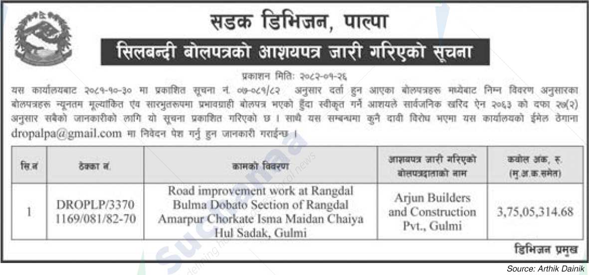 Roads Division, Palpa