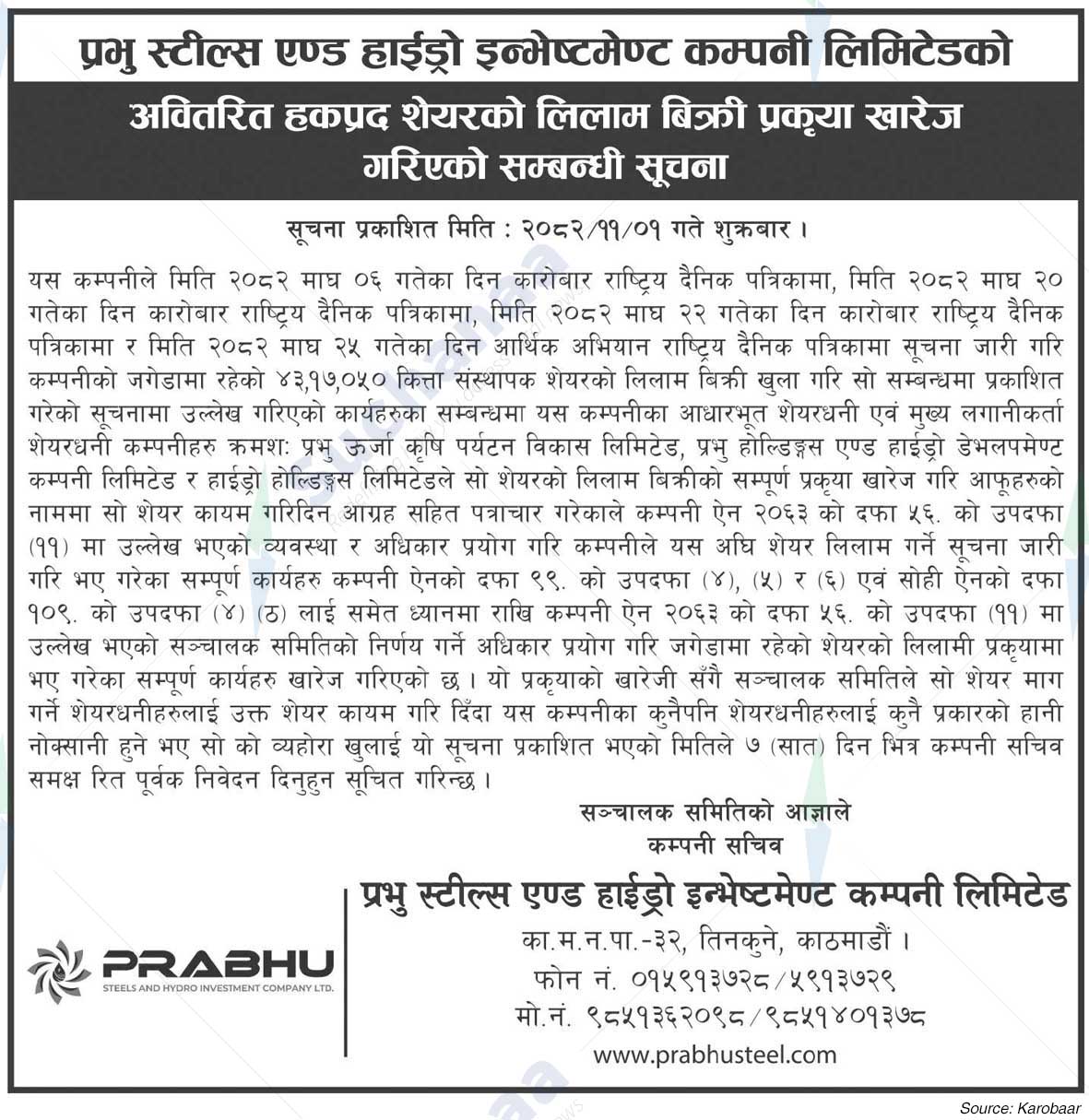 Prabhu Steels and Hydro Investment Company Limited