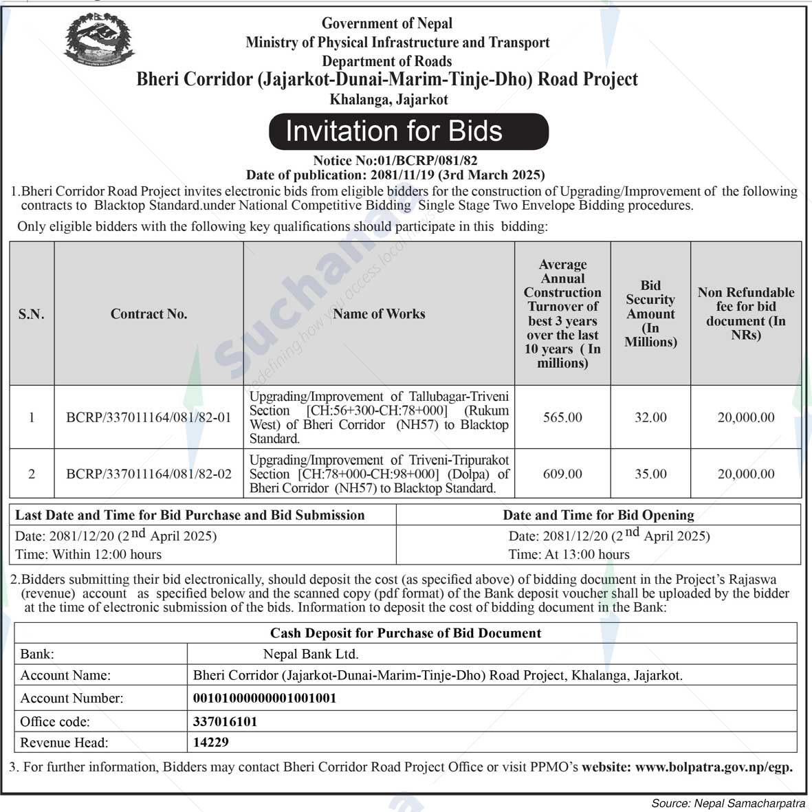 Bheri Corridor (Jajarkot-Dunai-Marim-Tinje-Dho) Road Project