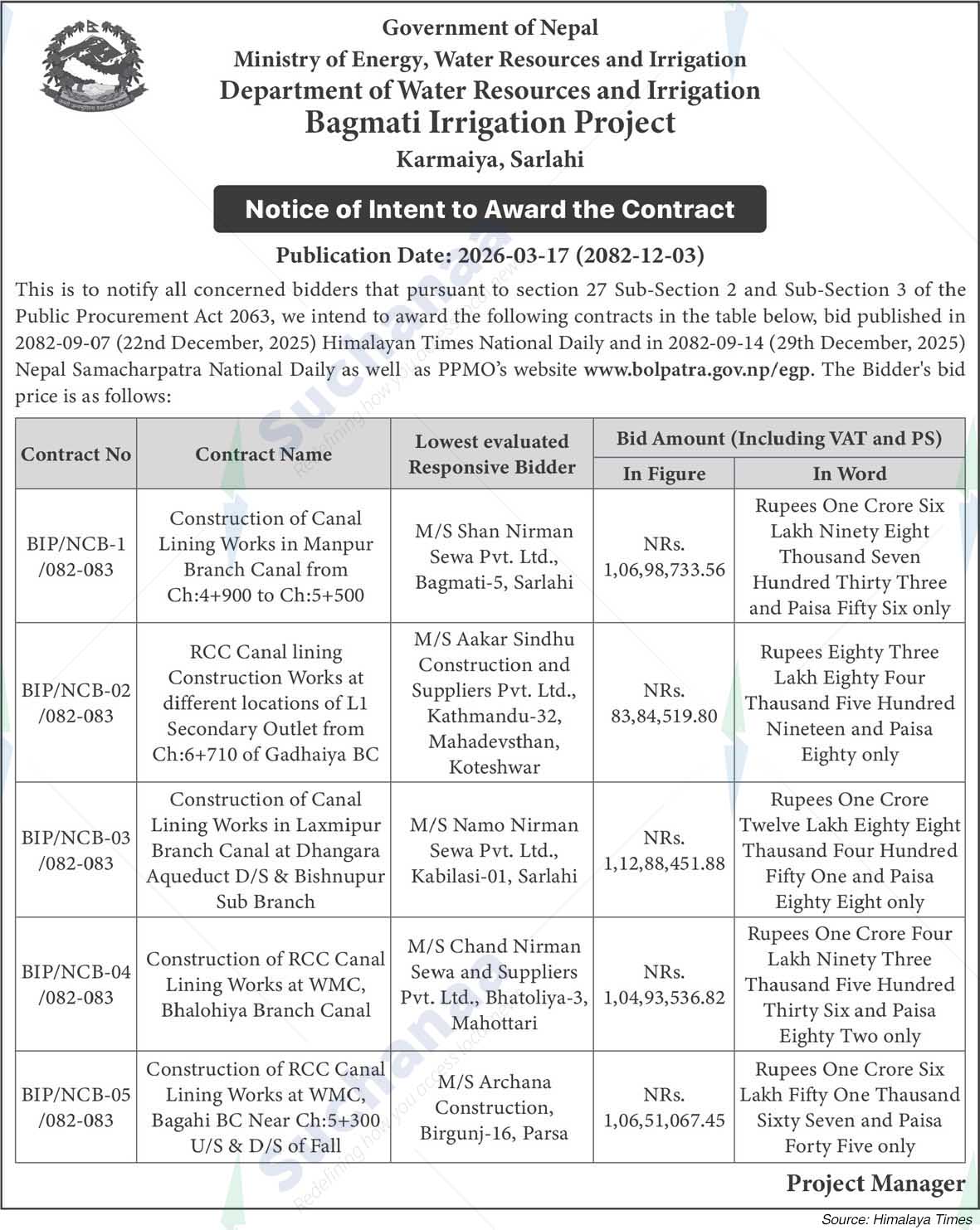 Bagmati Irrigation Project, Sarlahi