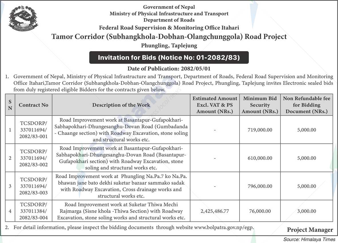Tamor Corridor (Subhangkhola-Dobhan-Olangchunggola) Road Project