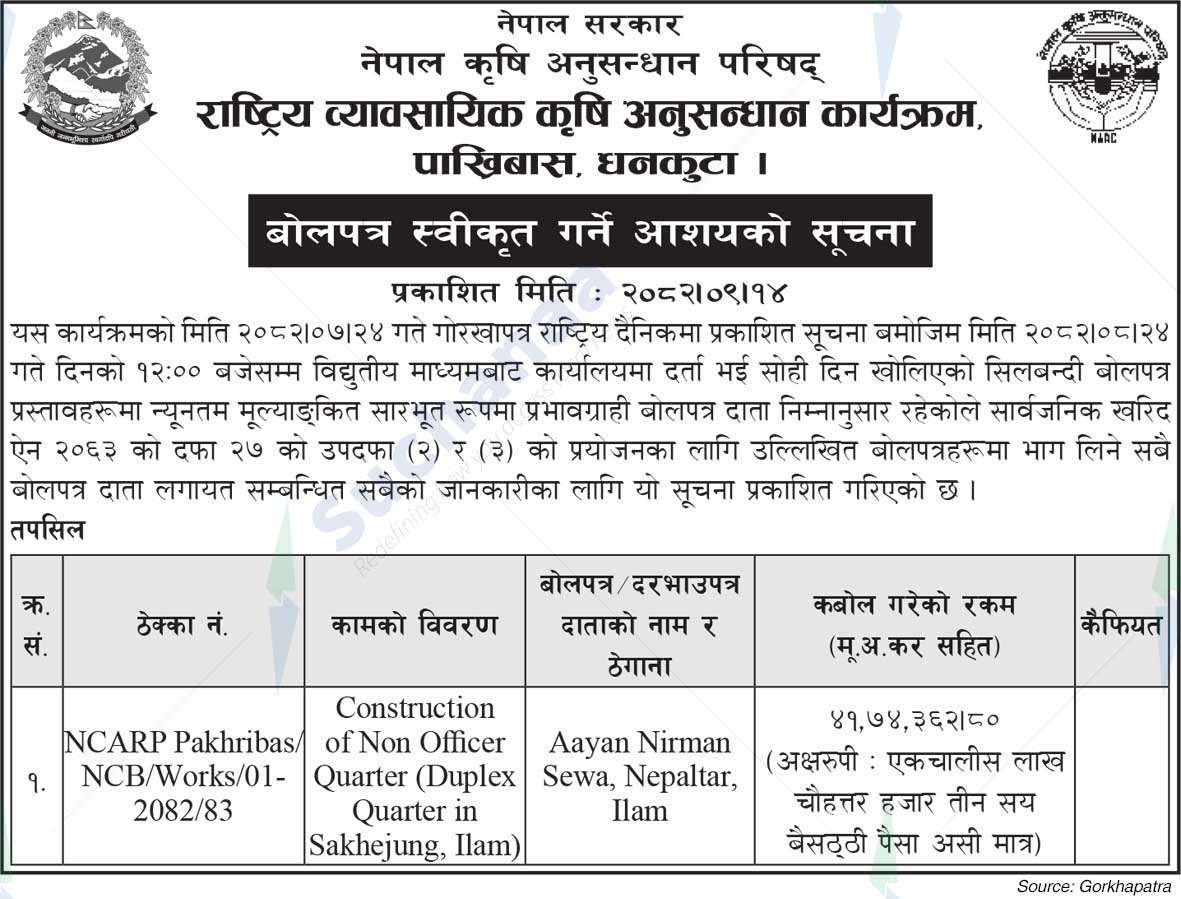 National Commercial Agricultural Research Program, Pakhribas, Dhankuta