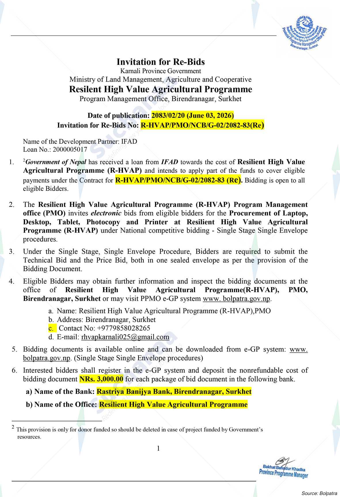 Resilient High Value Agricultural Programme, Provincial programme management office, surkhet