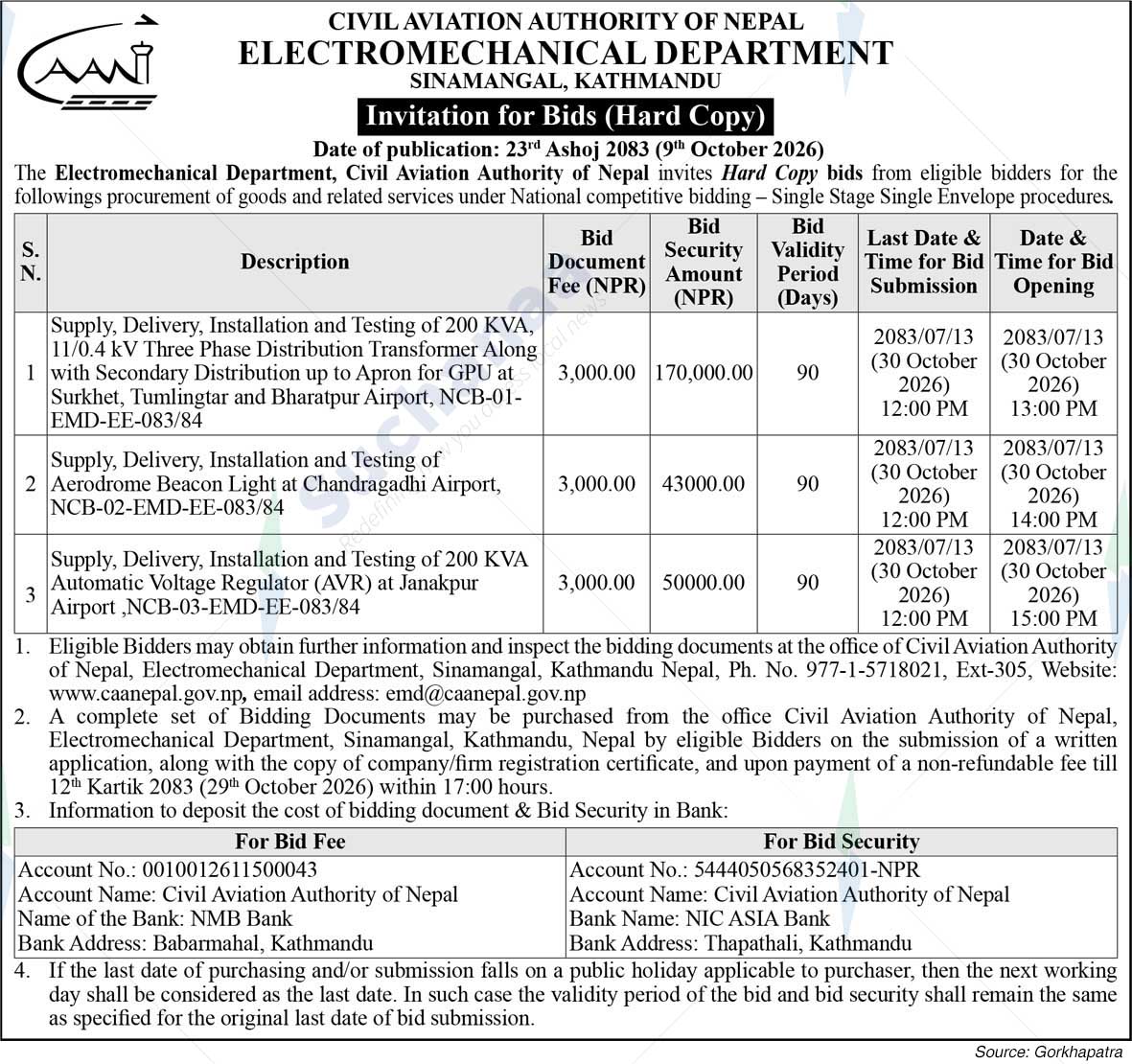 Civil Aviation Authority of Nepal, Electromechanical Department