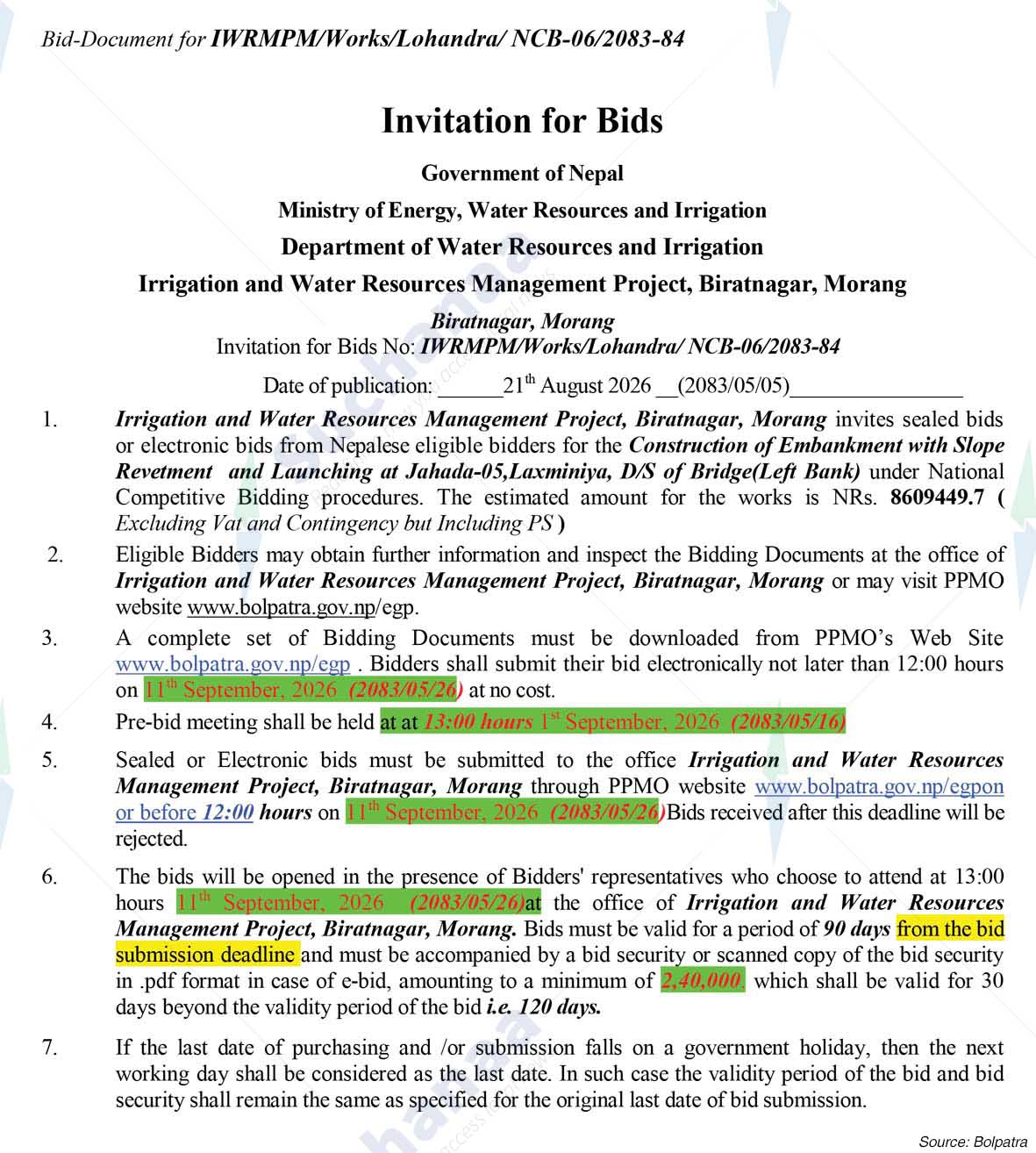 Irrigation and Water Resources Management Project, Morang