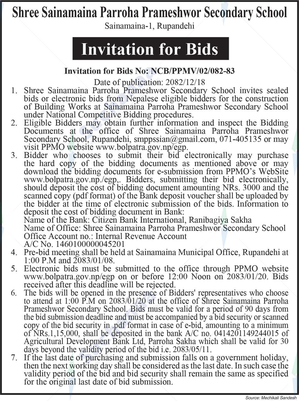 Shree Sainamaina Parroha Prameshwor Secondary School, Rupandehi