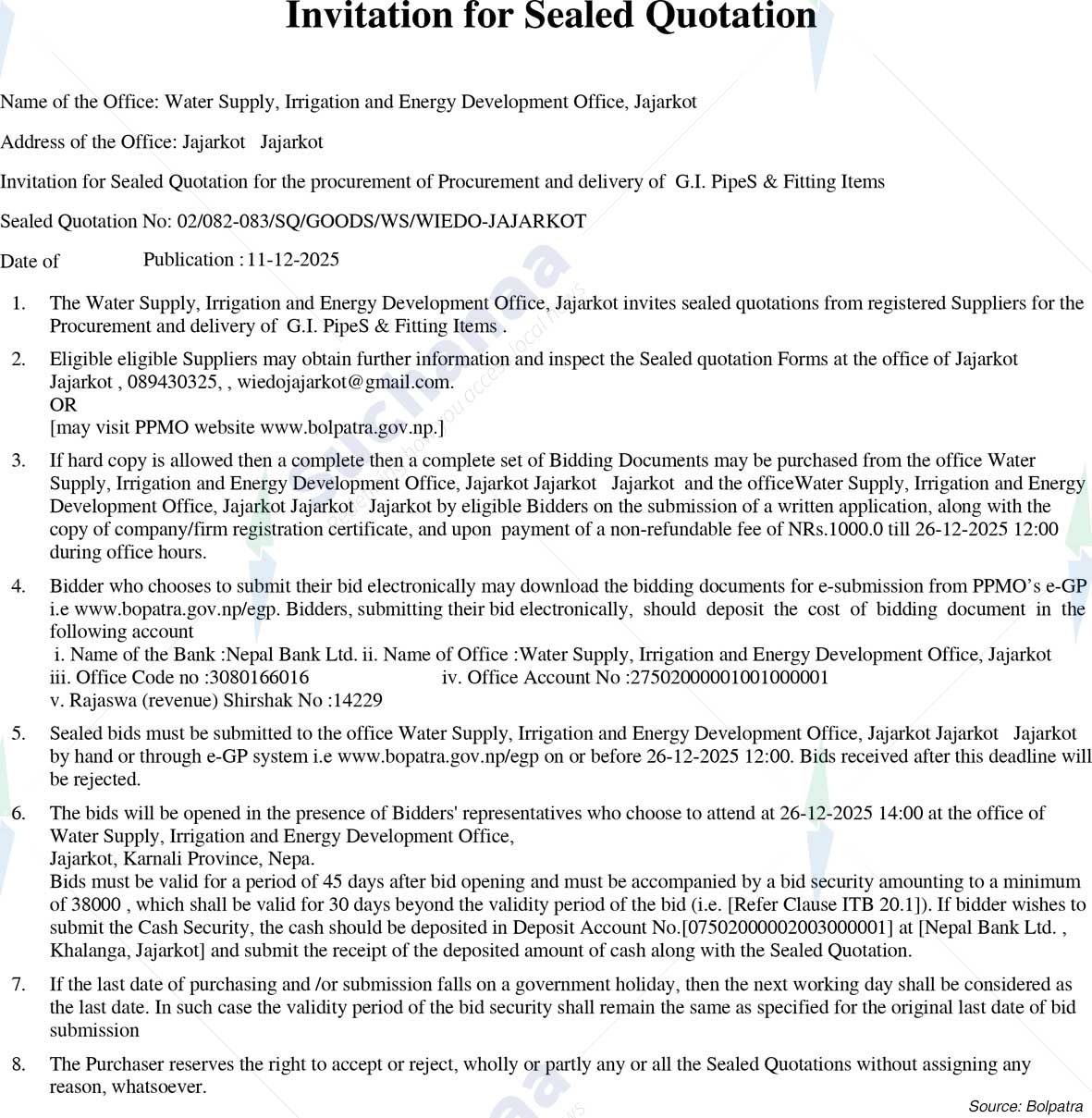 Water Supply, Irrigation and Energy Development Office, Jajarkot