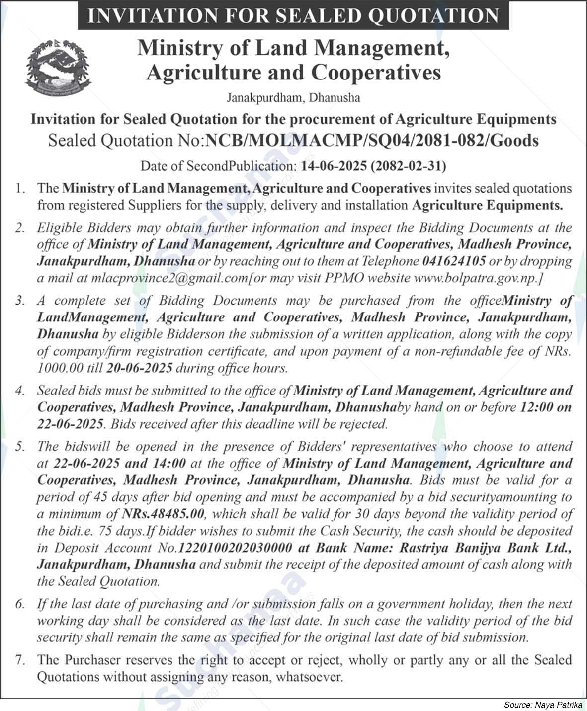 Ministry of Land Management, Agriculture and Co-operatives, Madhesh