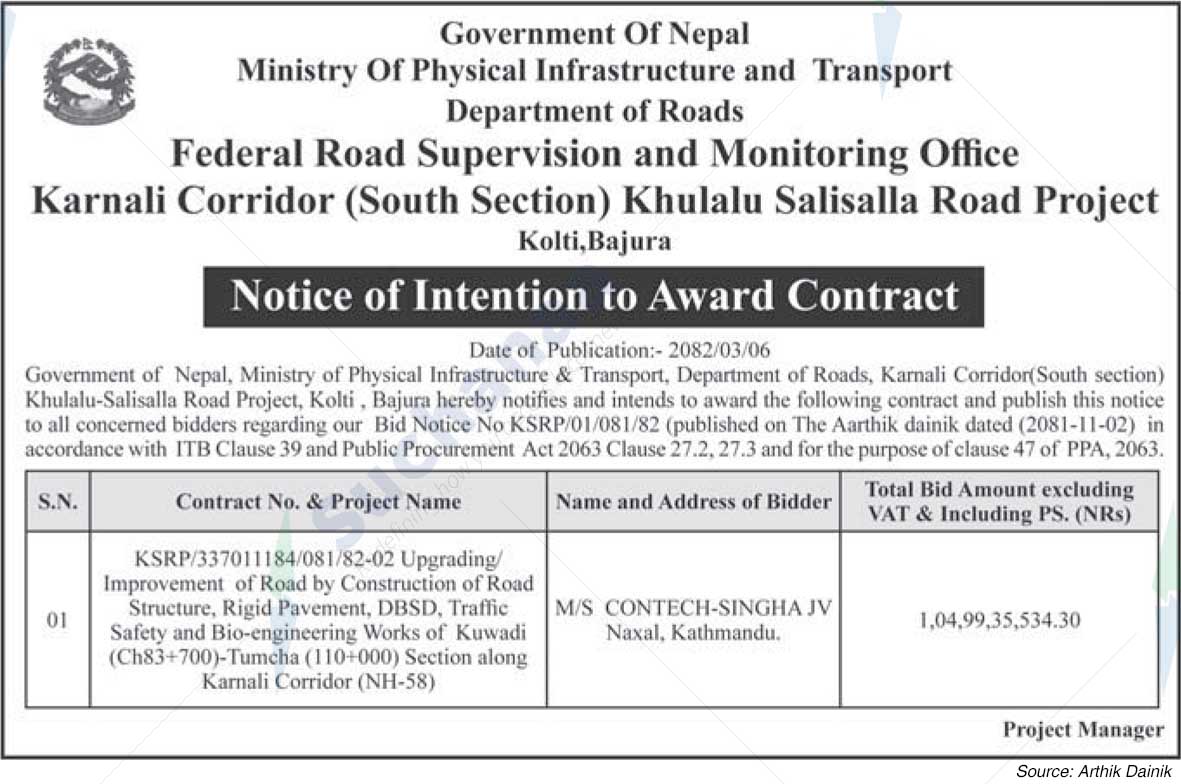 Karnali Corridor (South Section) Khulalu Salisalla Road Project. Kolti