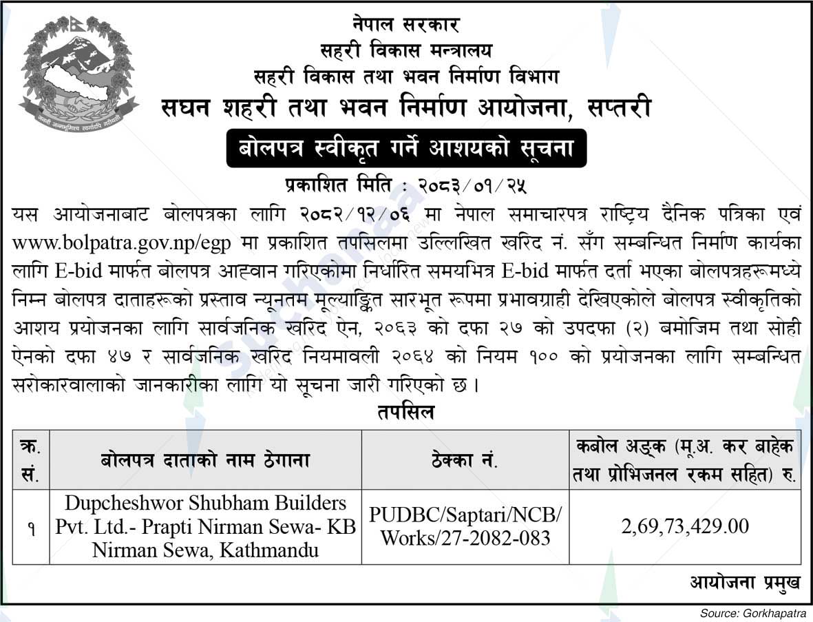 Project Office of Urban Development and Building Construction, Saptari