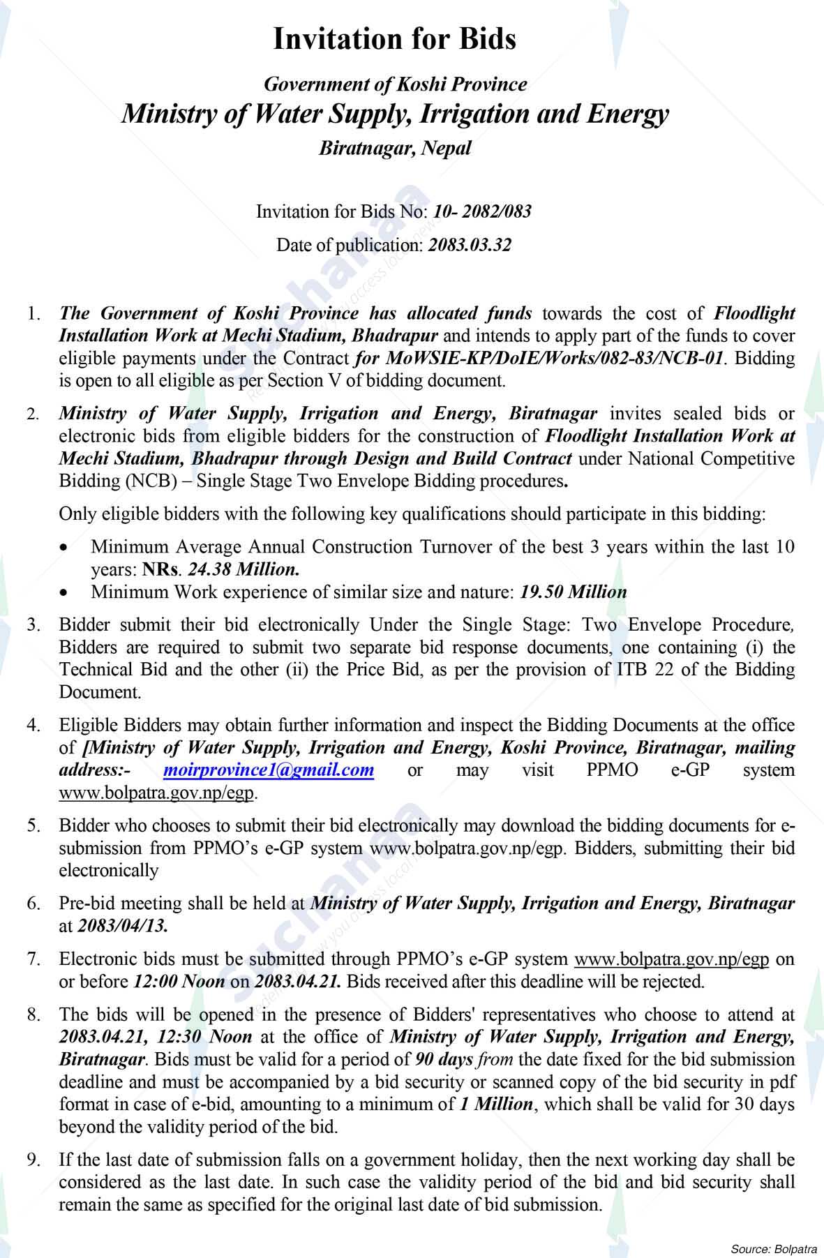 Ministry of Water Supply, Irrigation and Energy, Koshi