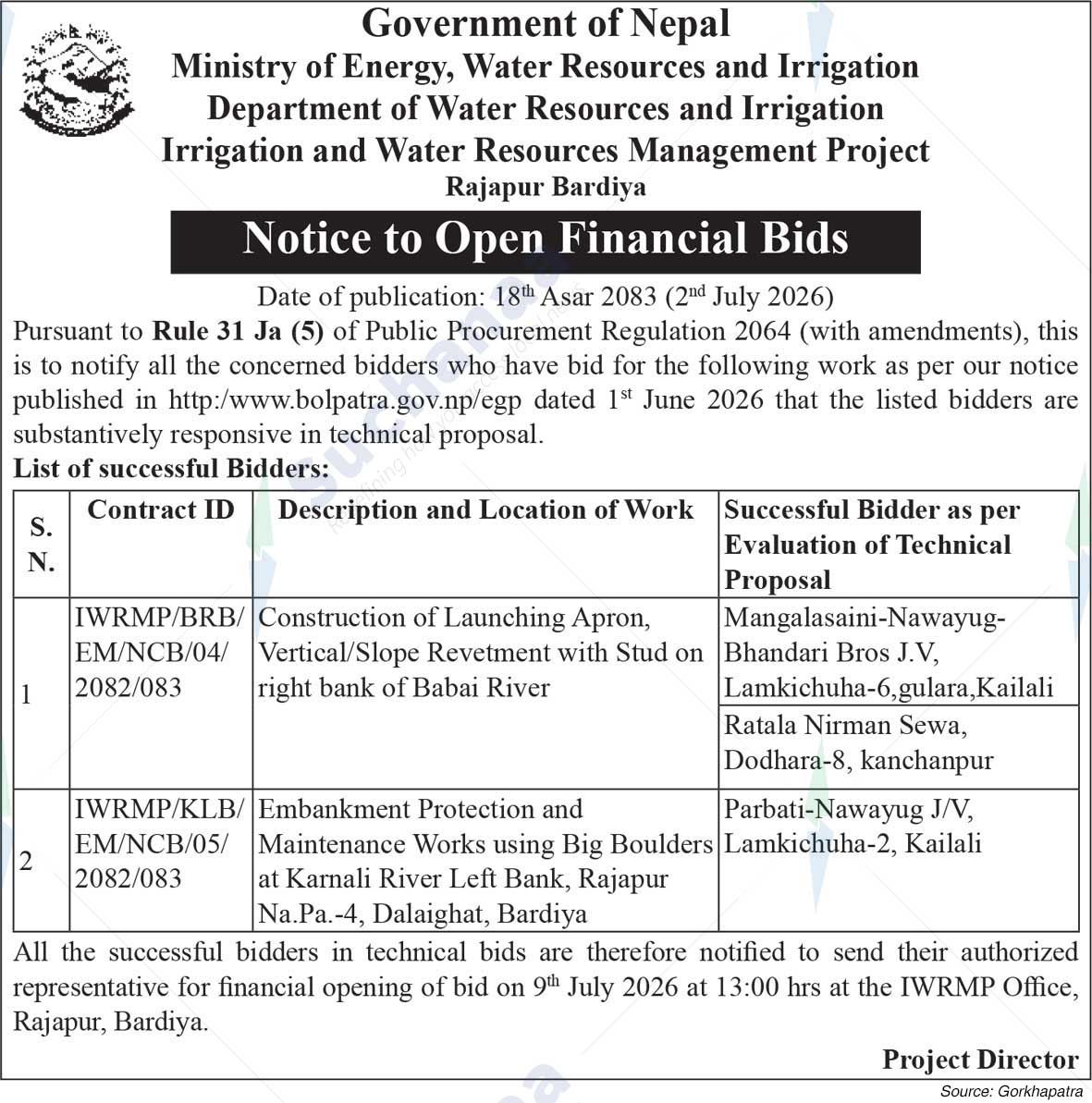 Irrigation and Water Resources Management Project, Bardiya