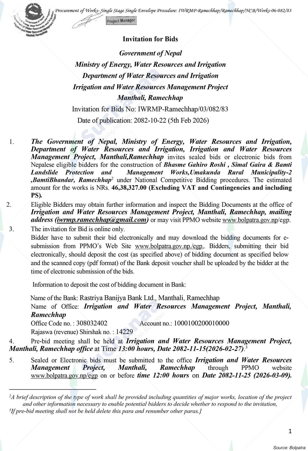 Irrigation and Water Resources Management Project, Manathali, Ramechhap