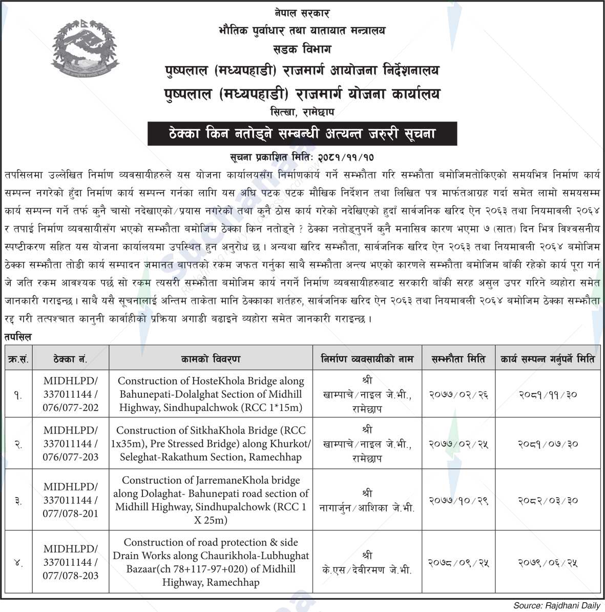 Pushpalal (Madhayapahadi) Rajmarg yojana Karyalya