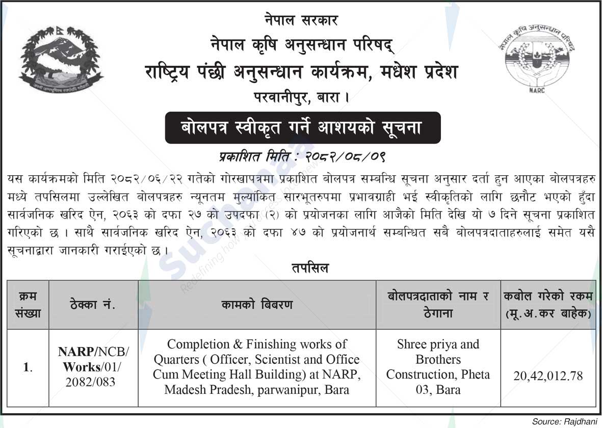 National Avian Research Program (NARP), Parwanipur, Bara