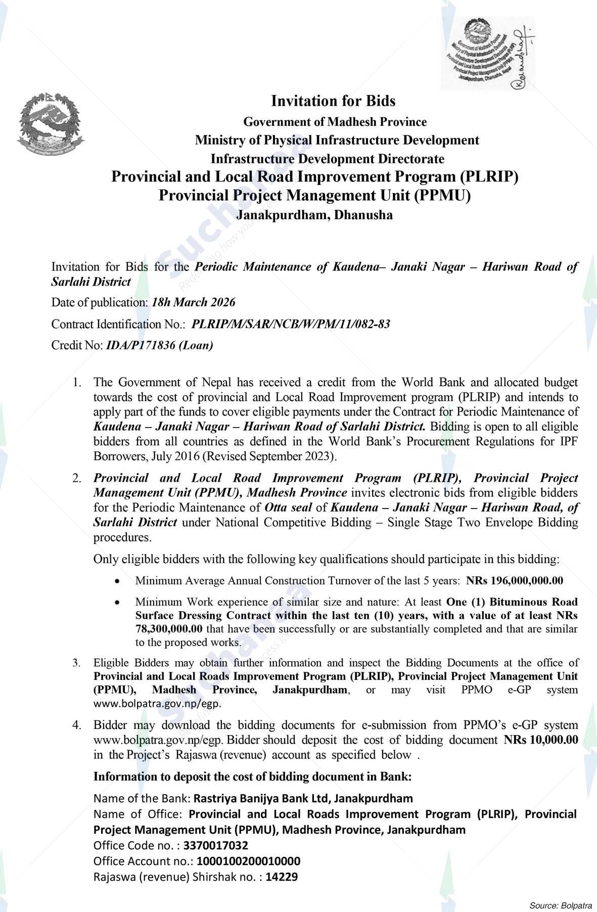Provincial and local Roads Improvement Program(PLRIP), Provincial Project Management Unit,Janakpurdh