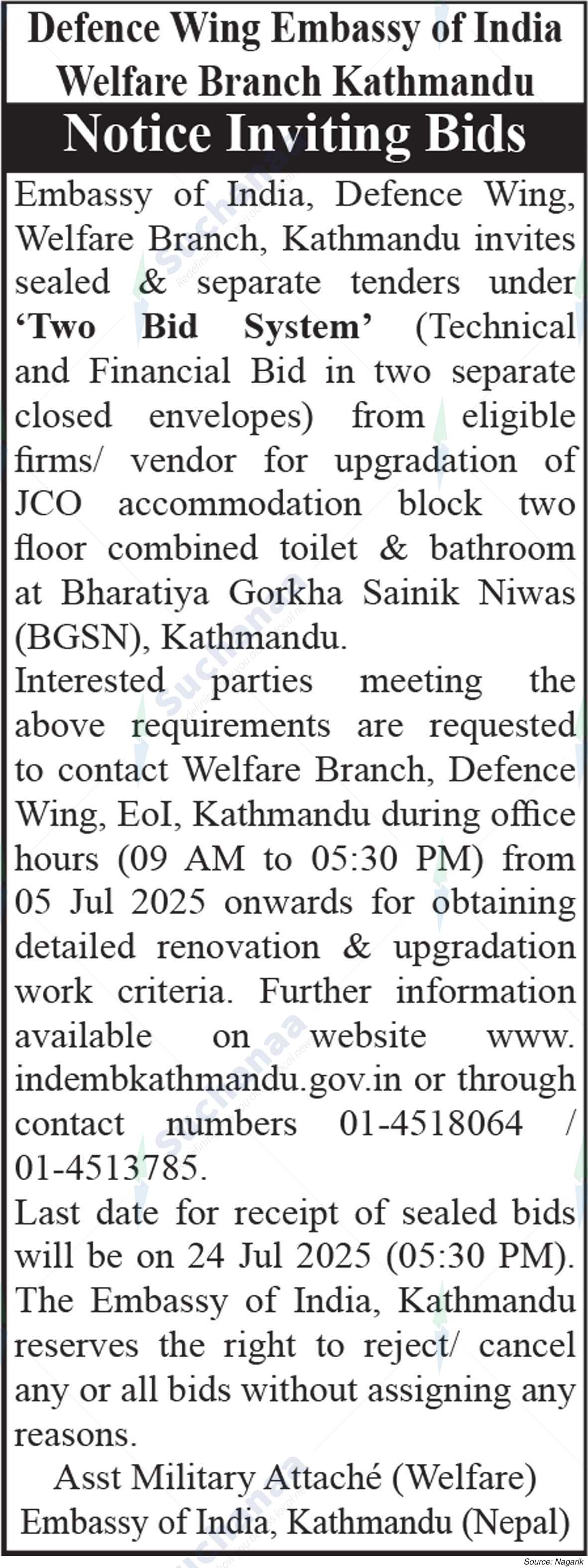 Defence Wing Embassy of India Welfare Branch Kathmandu