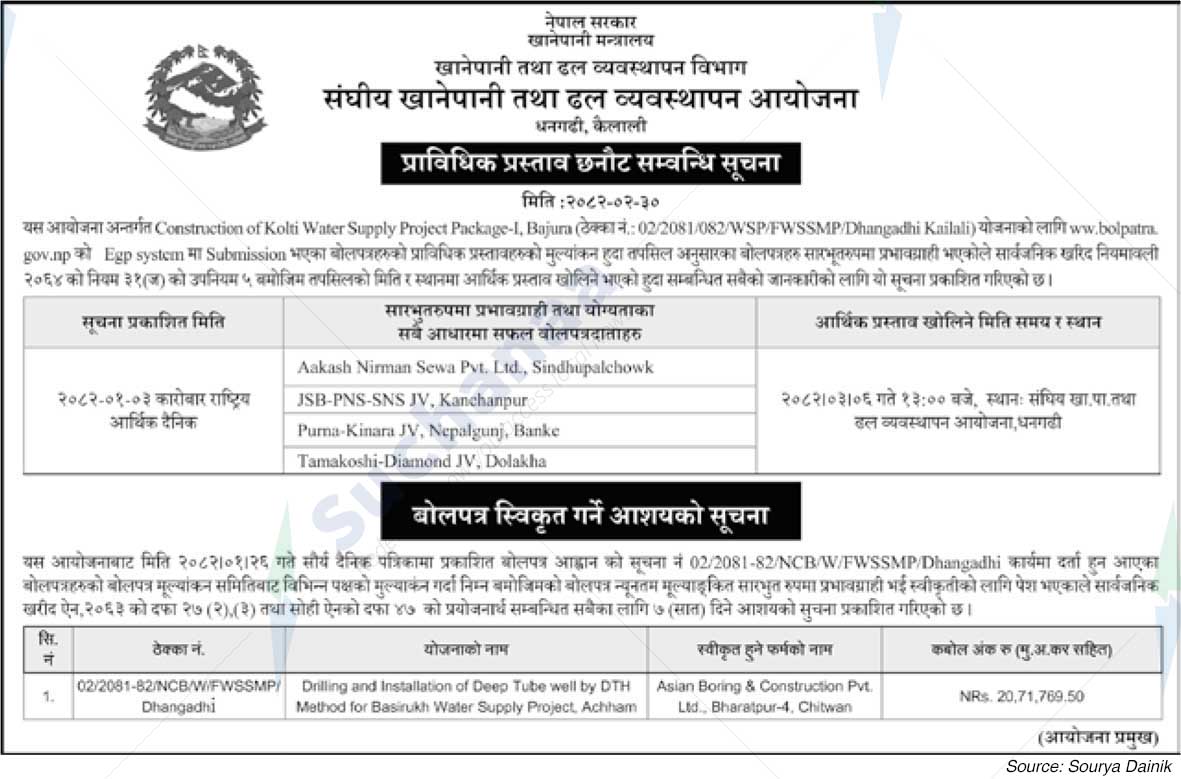 Federal Water Supply and Sewerage Management Project, Dhangadhi, Kailali