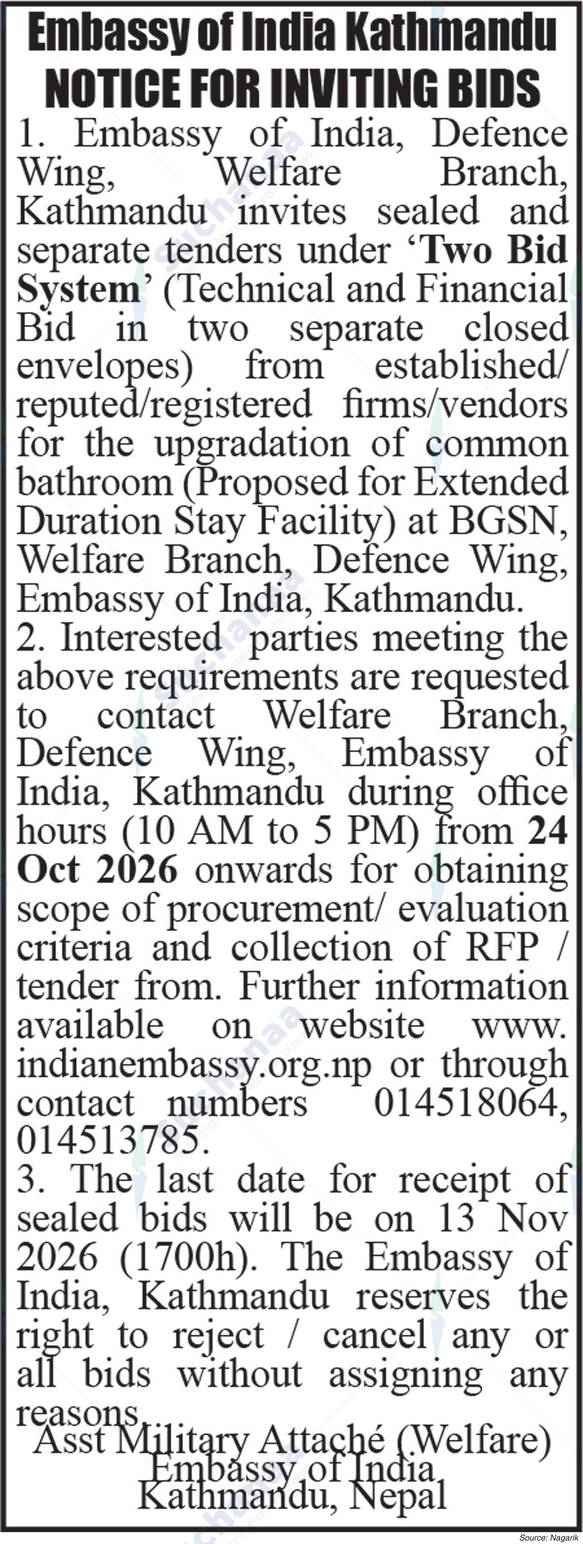 Embassy of India, Defence Wing, Welfare Branch
