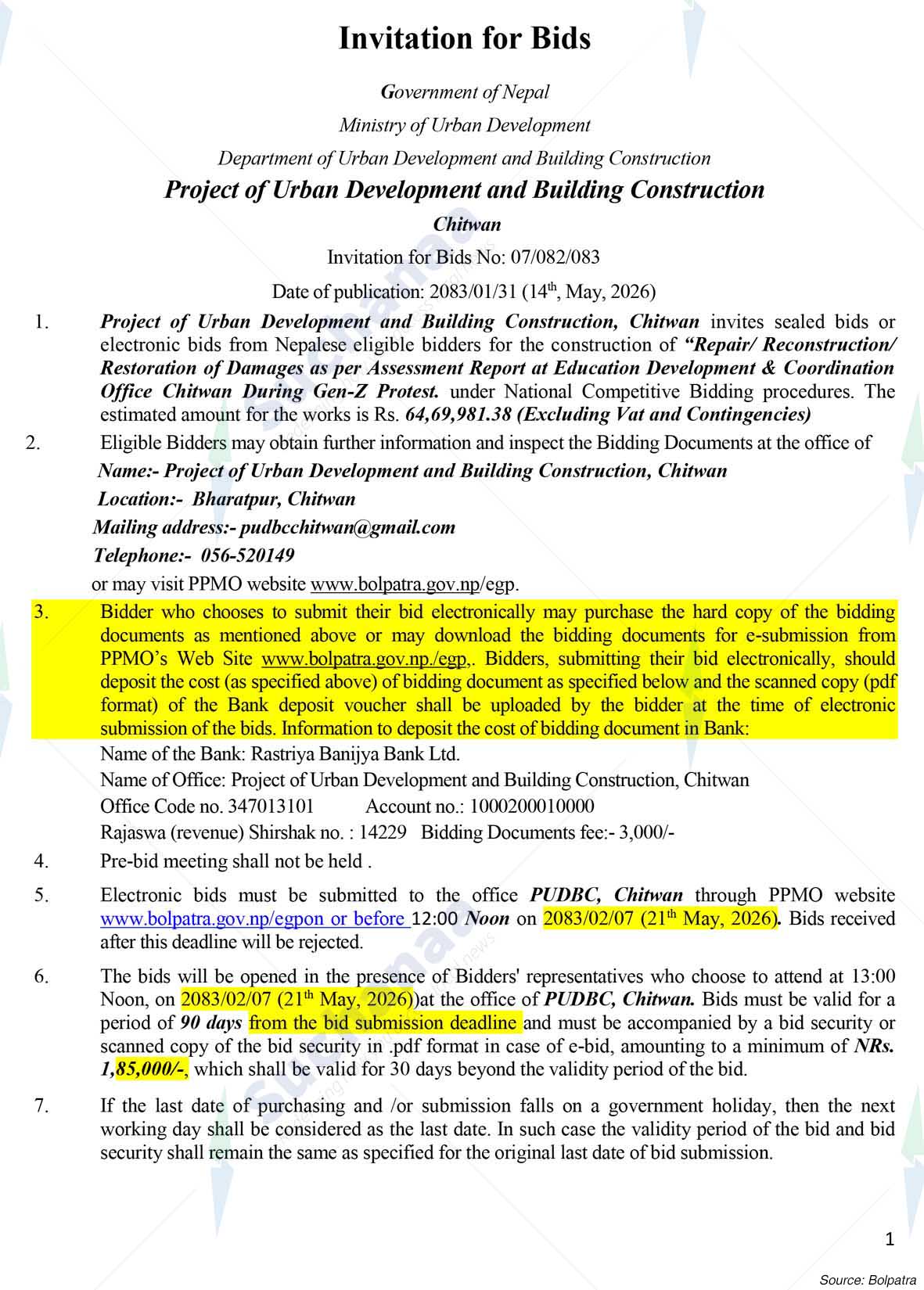 Project Office of Urban Development and Building Construction, Chitwan