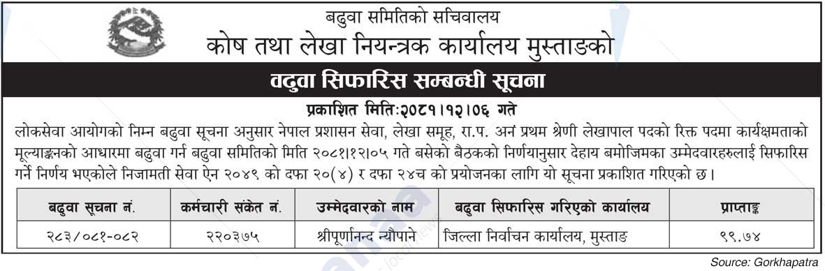 Kosh tatha Lekha Niyantrak Karyalaya,Mustang