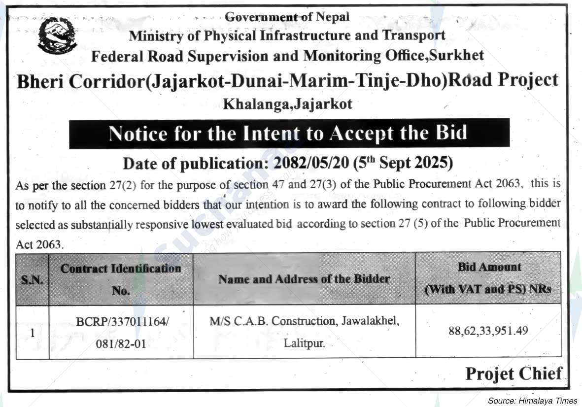 Bheri Corridor (Jajarkot-Dunai-Marim-Tinje-Dho) Road Project