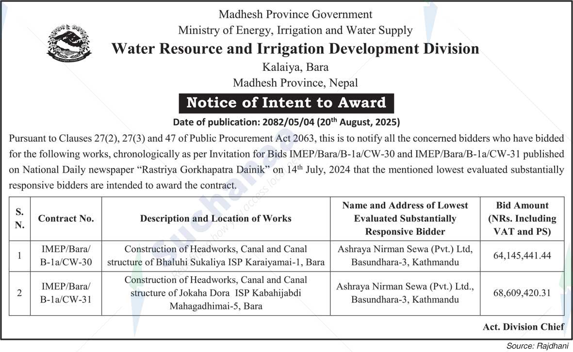 Water Resource and Irrigation Development Division Kalaiya, Bara