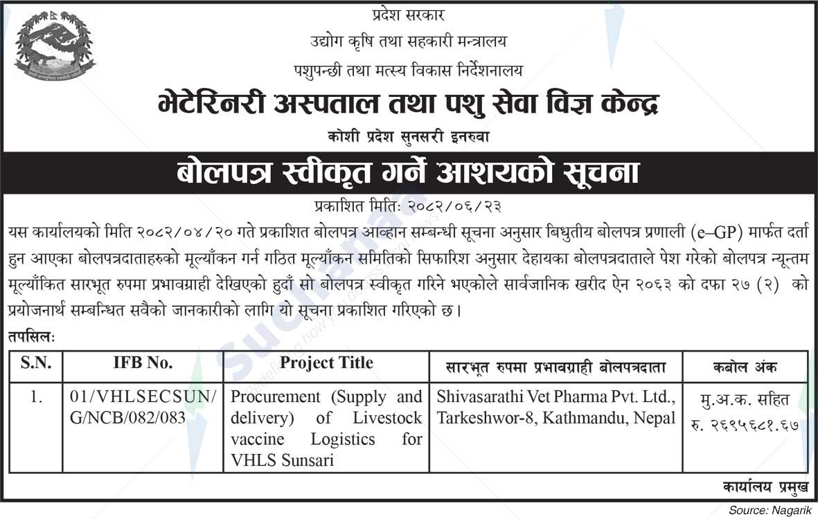 Veterinary Hospital and Animal Service Expert Center, Koshi Province Sunsari Inaruwa