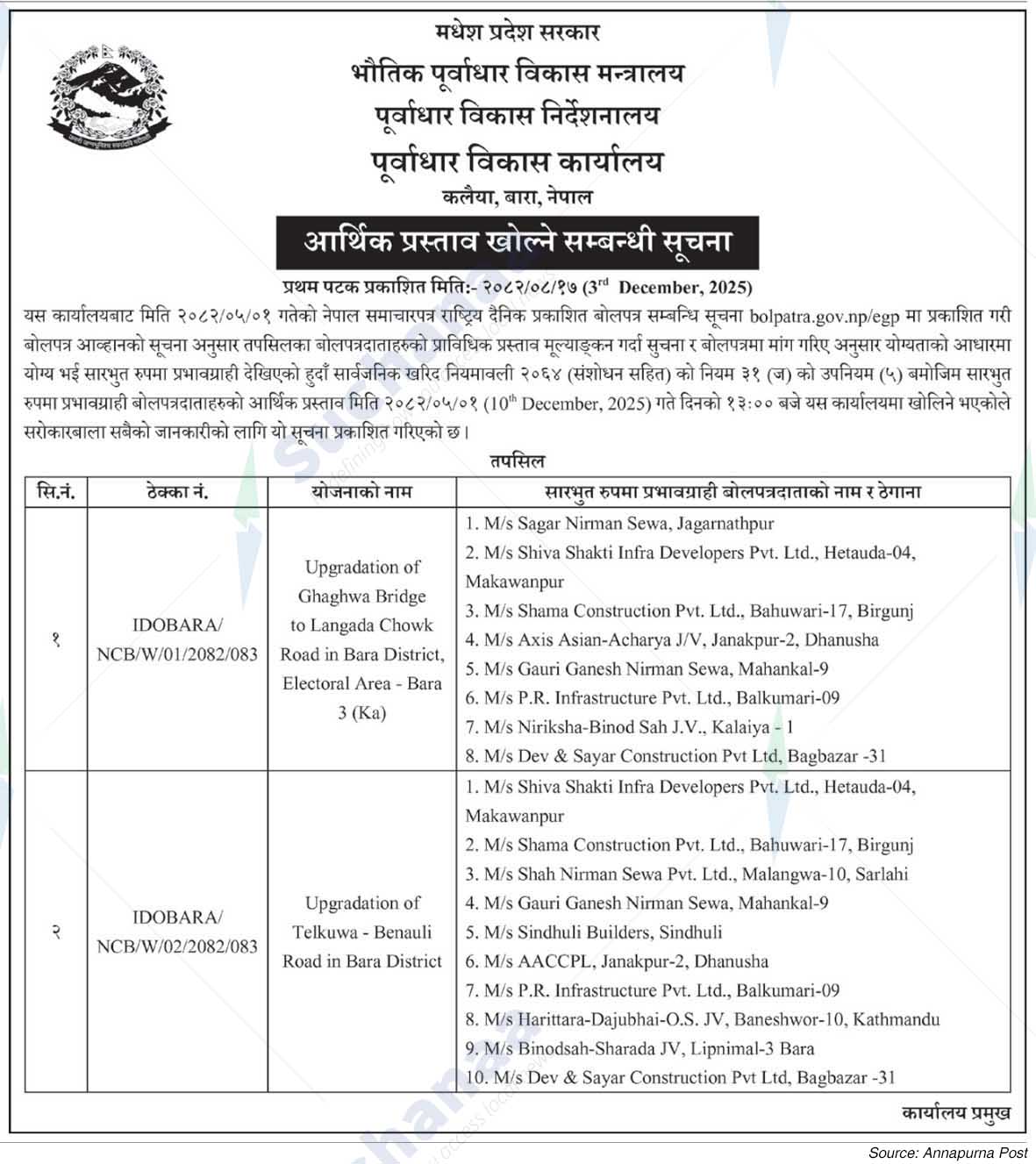 Infrastructure Development Office, Bara